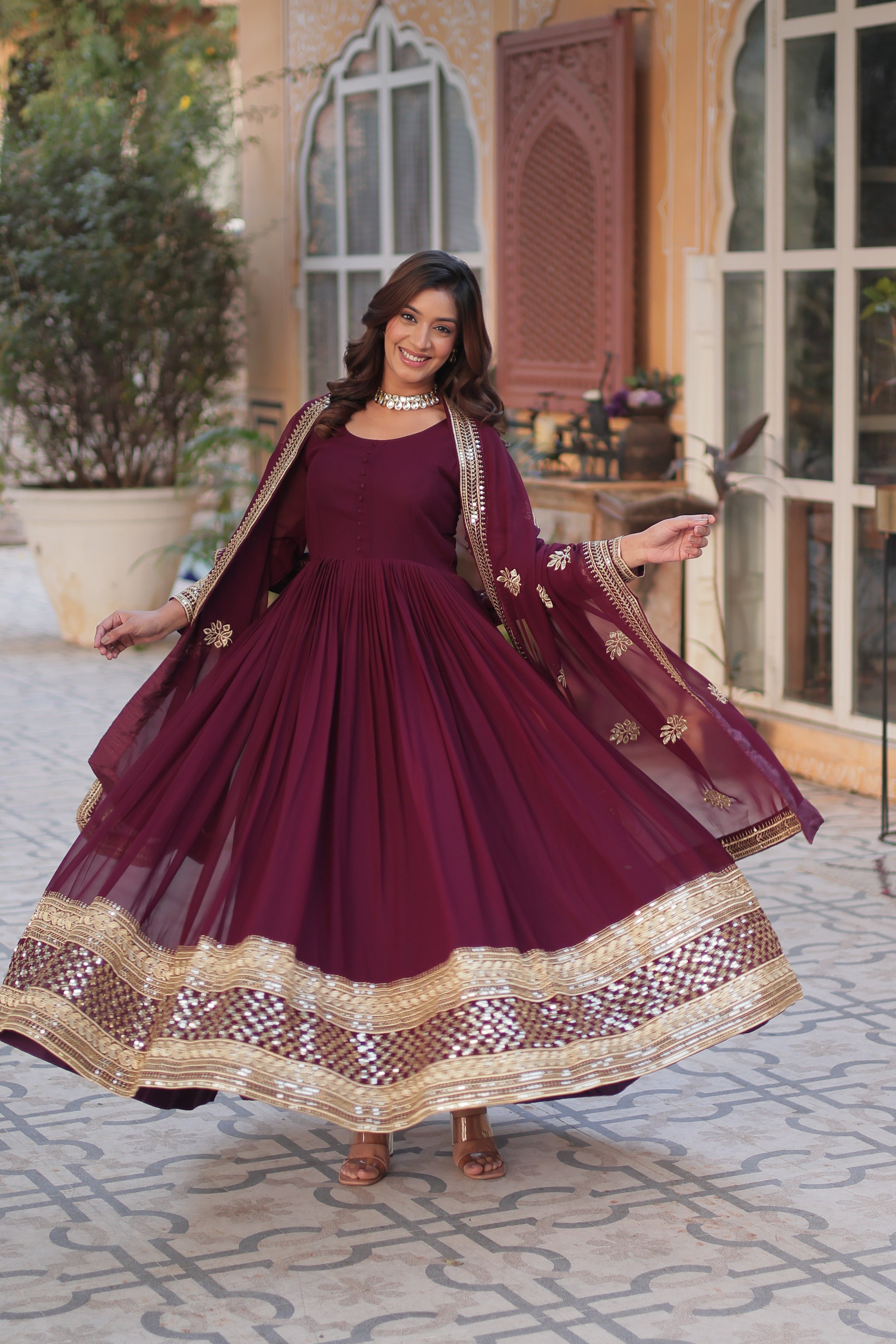 Women’s Wine Georgette Gown – Elegant Designer Party Wear