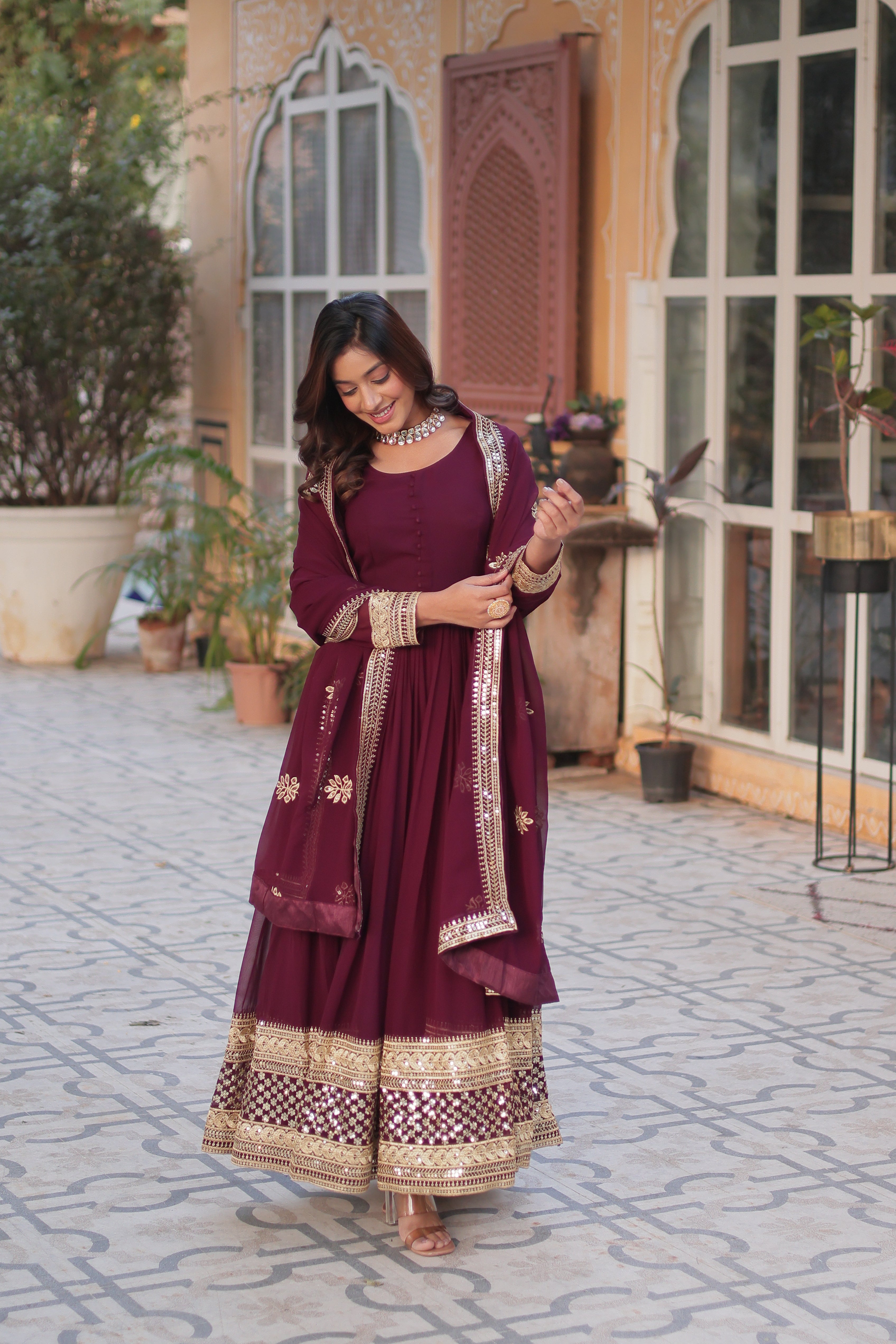 Women’s Wine Georgette Gown – Elegant Designer Party Wear