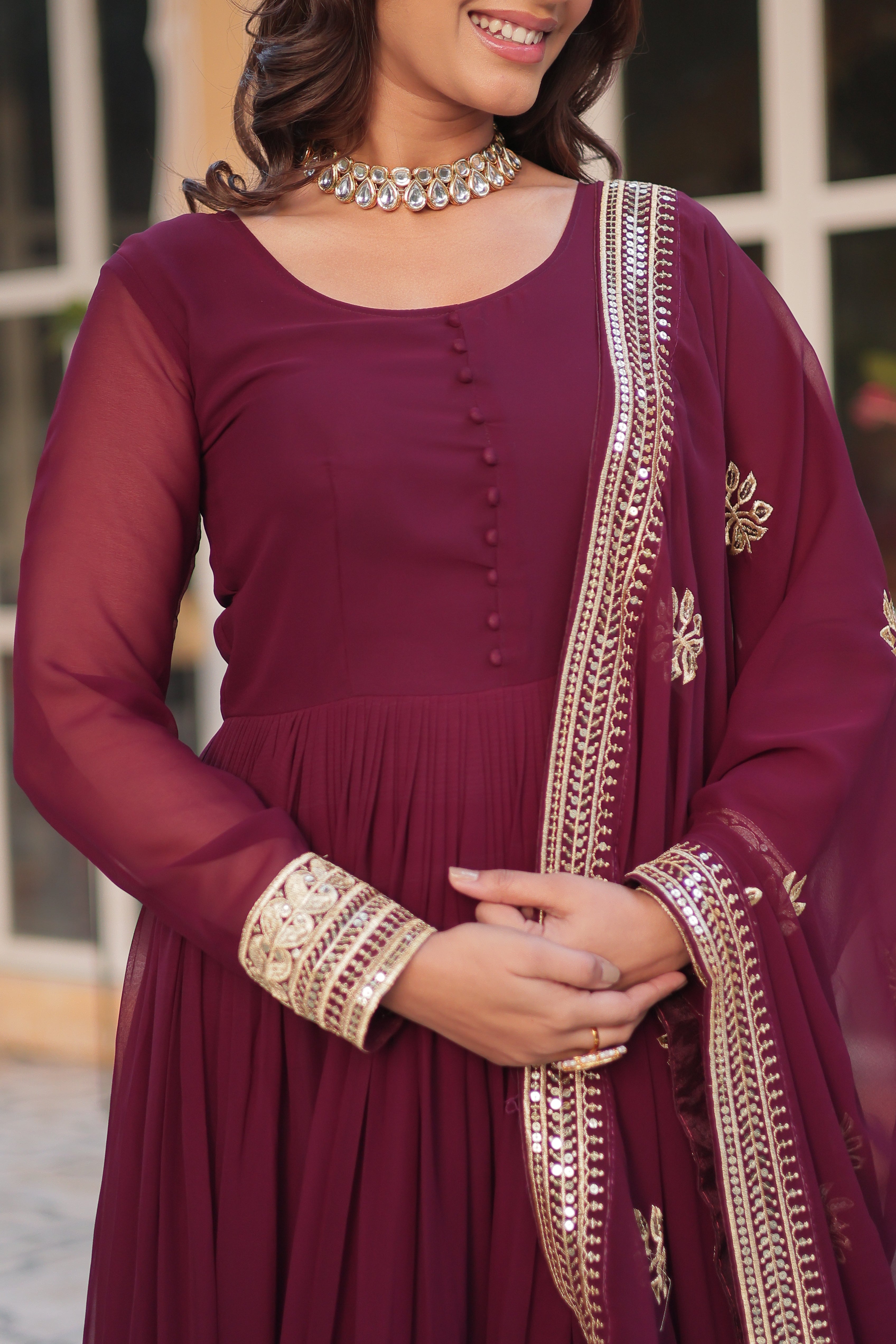 Women’s Wine Georgette Gown – Elegant Designer Party Wear