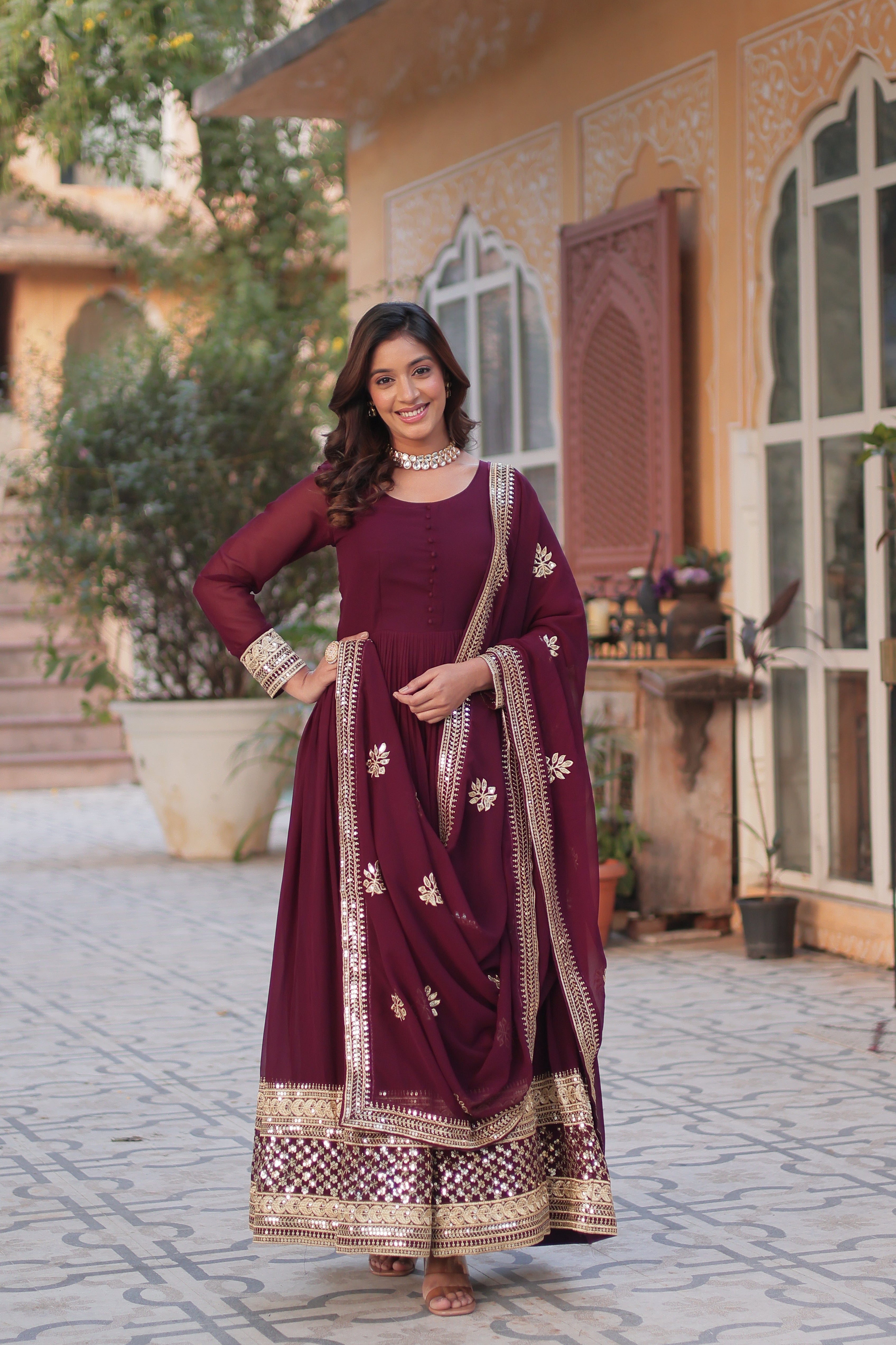 Women’s Wine Georgette Gown – Elegant Designer Party Wear