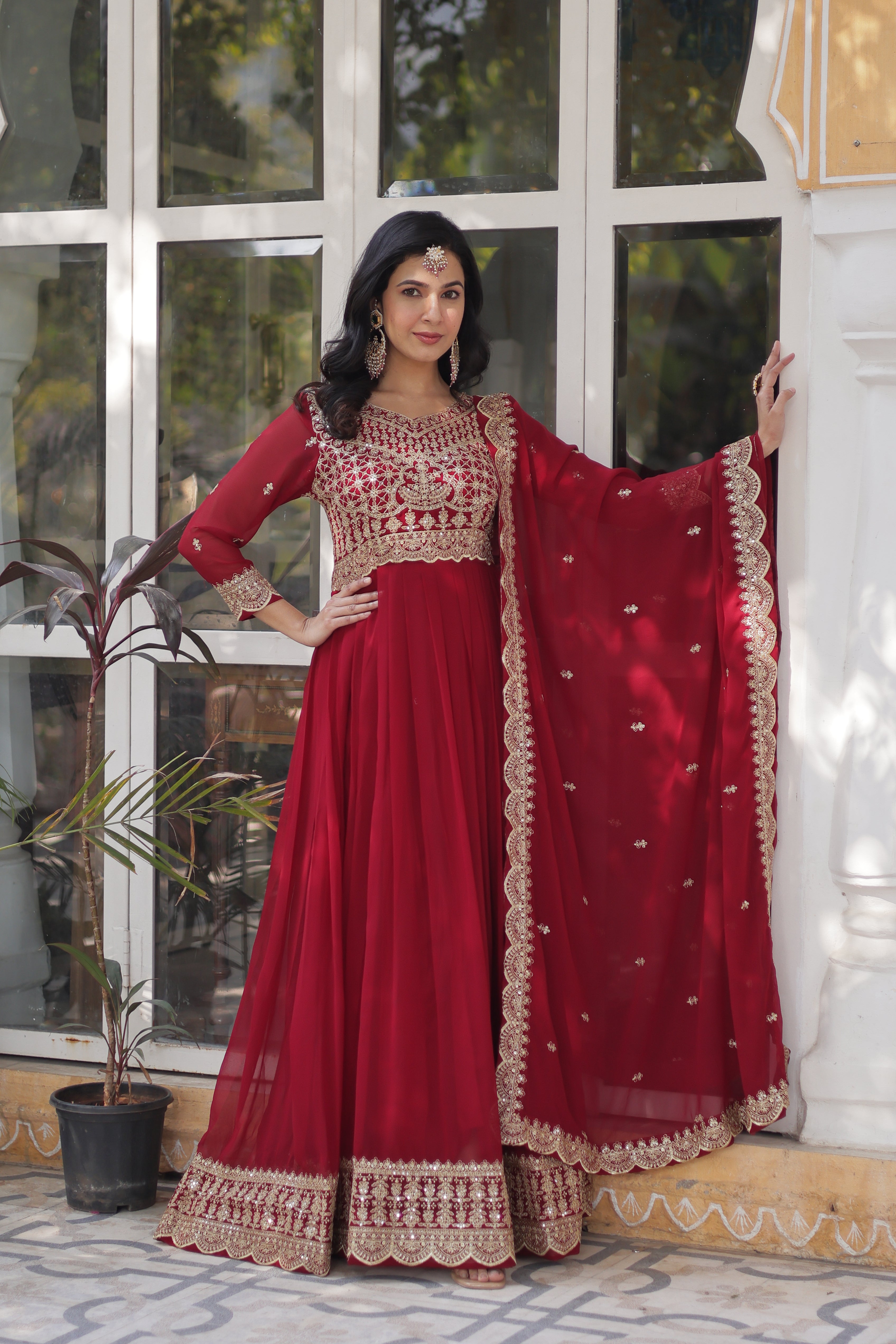 Women’s Embroidered Maroon Georgette Gown – Graceful Ethnic Wear
