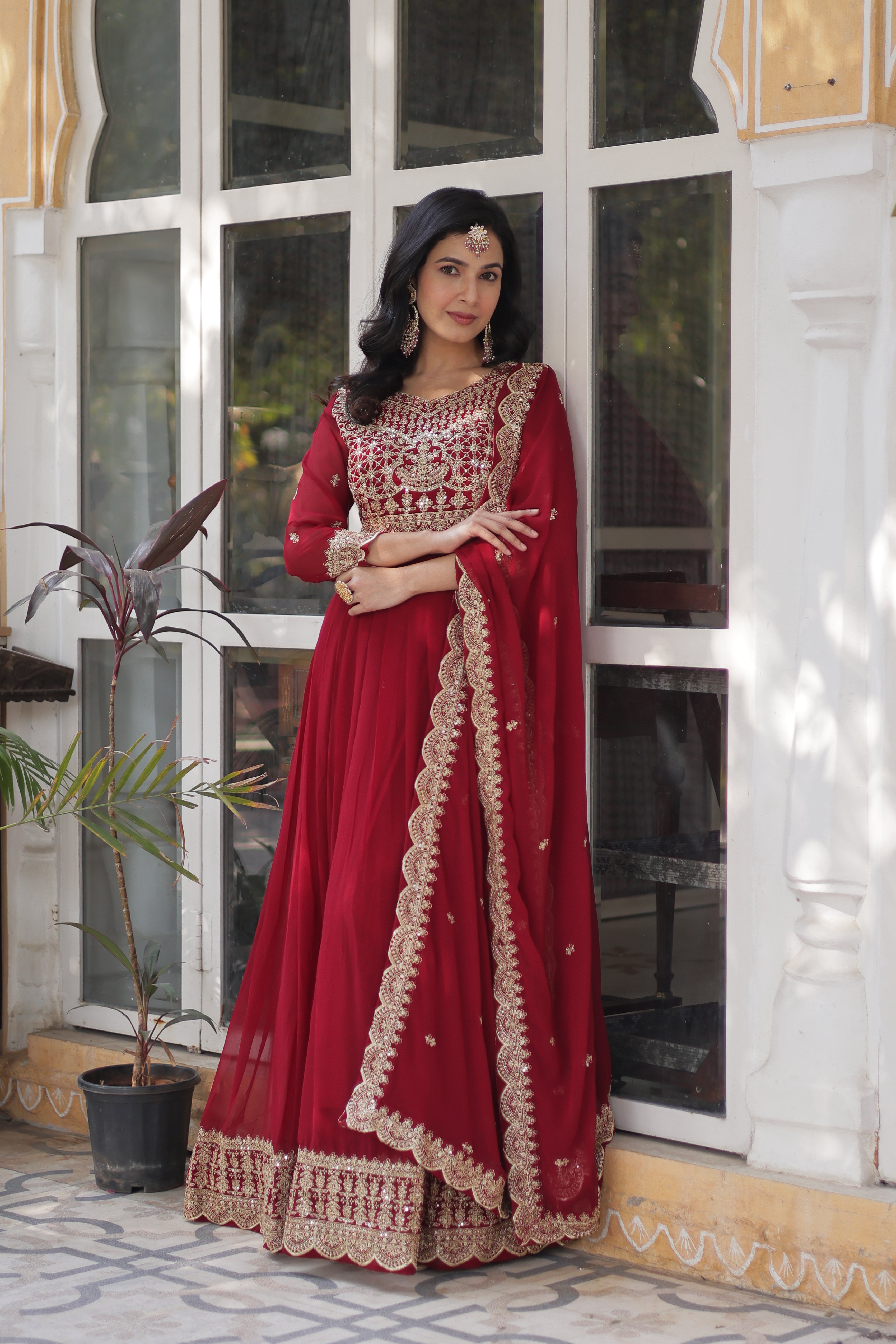 Women’s Embroidered Maroon Georgette Gown – Graceful Ethnic Wear