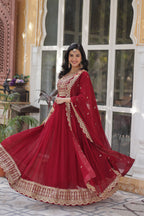 Women’s Embroidered Maroon Georgette Gown – Graceful Ethnic Wear