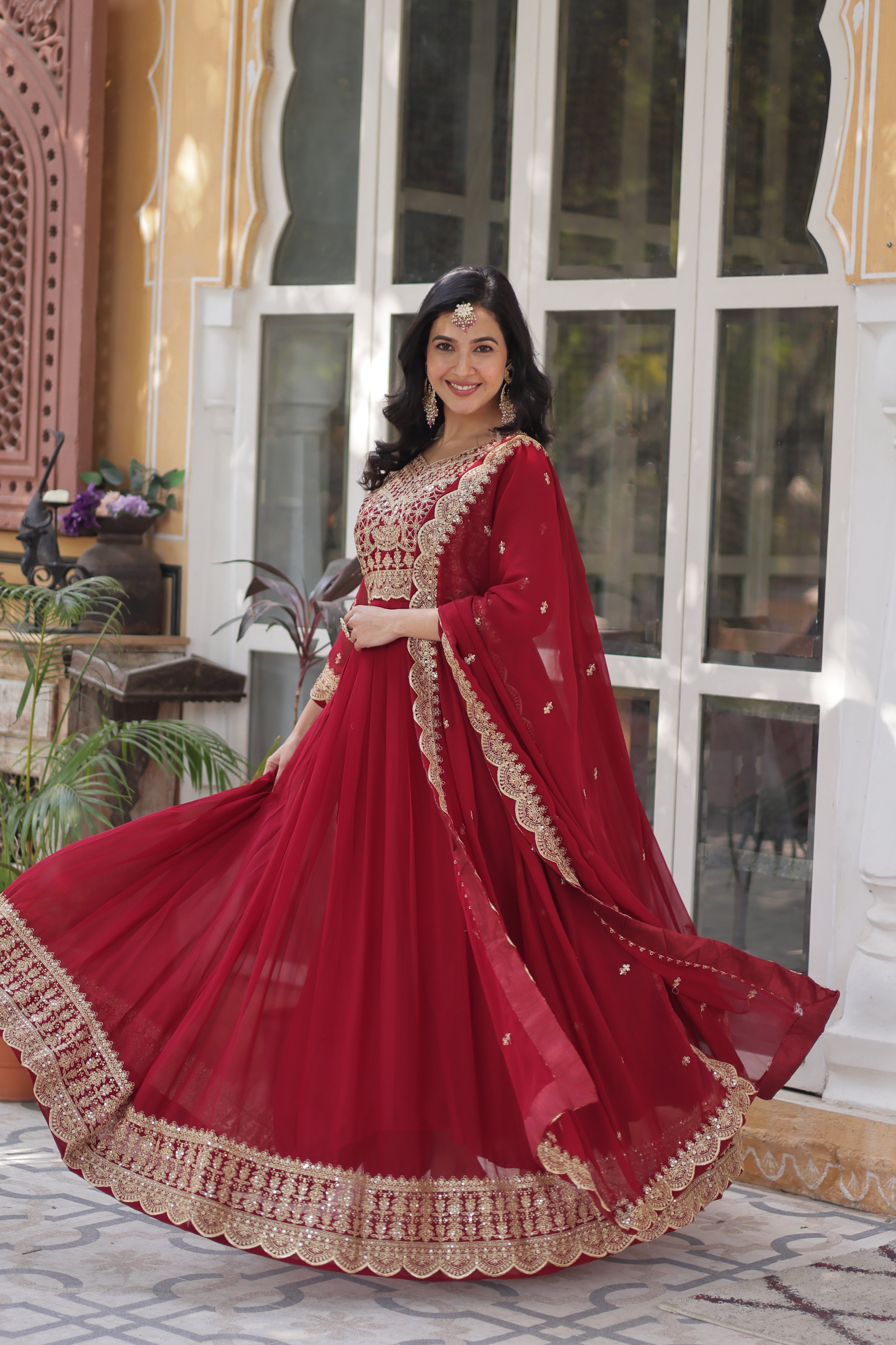 Women’s Embroidered Maroon Georgette Gown – Graceful Ethnic Wear