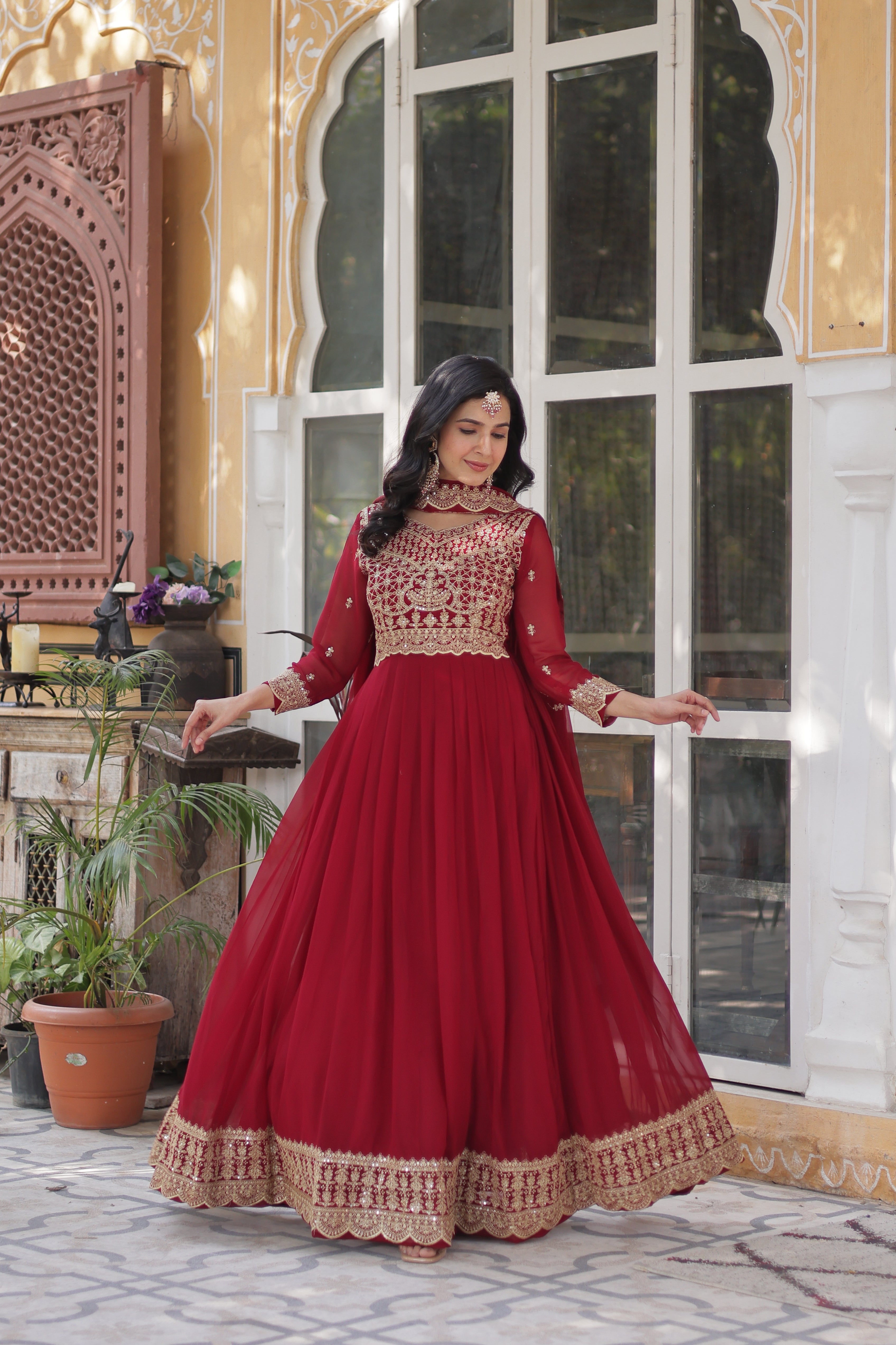 Women’s Embroidered Maroon Georgette Gown – Graceful Ethnic Wear