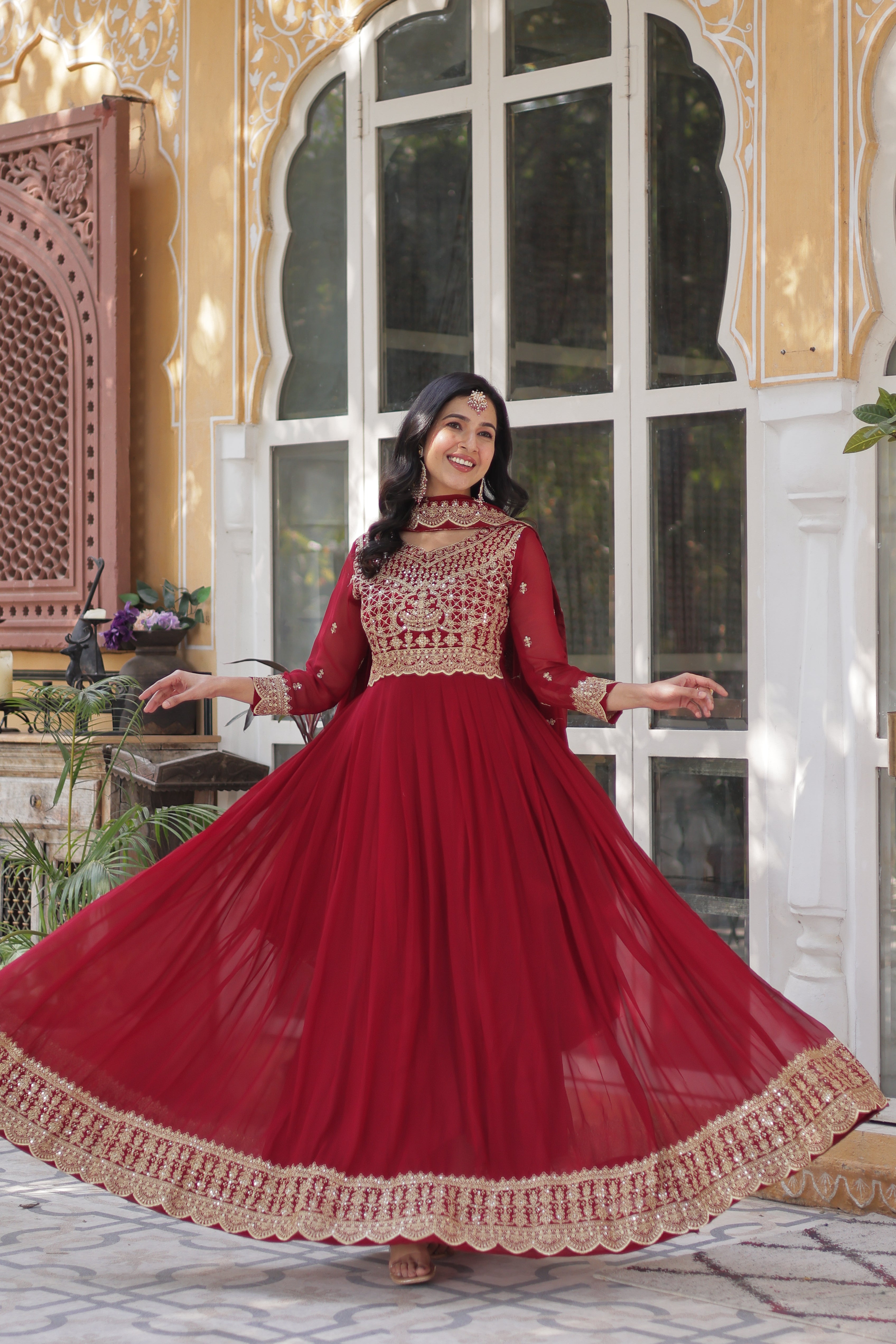 Women’s Embroidered Maroon Georgette Gown – Graceful Ethnic Wear