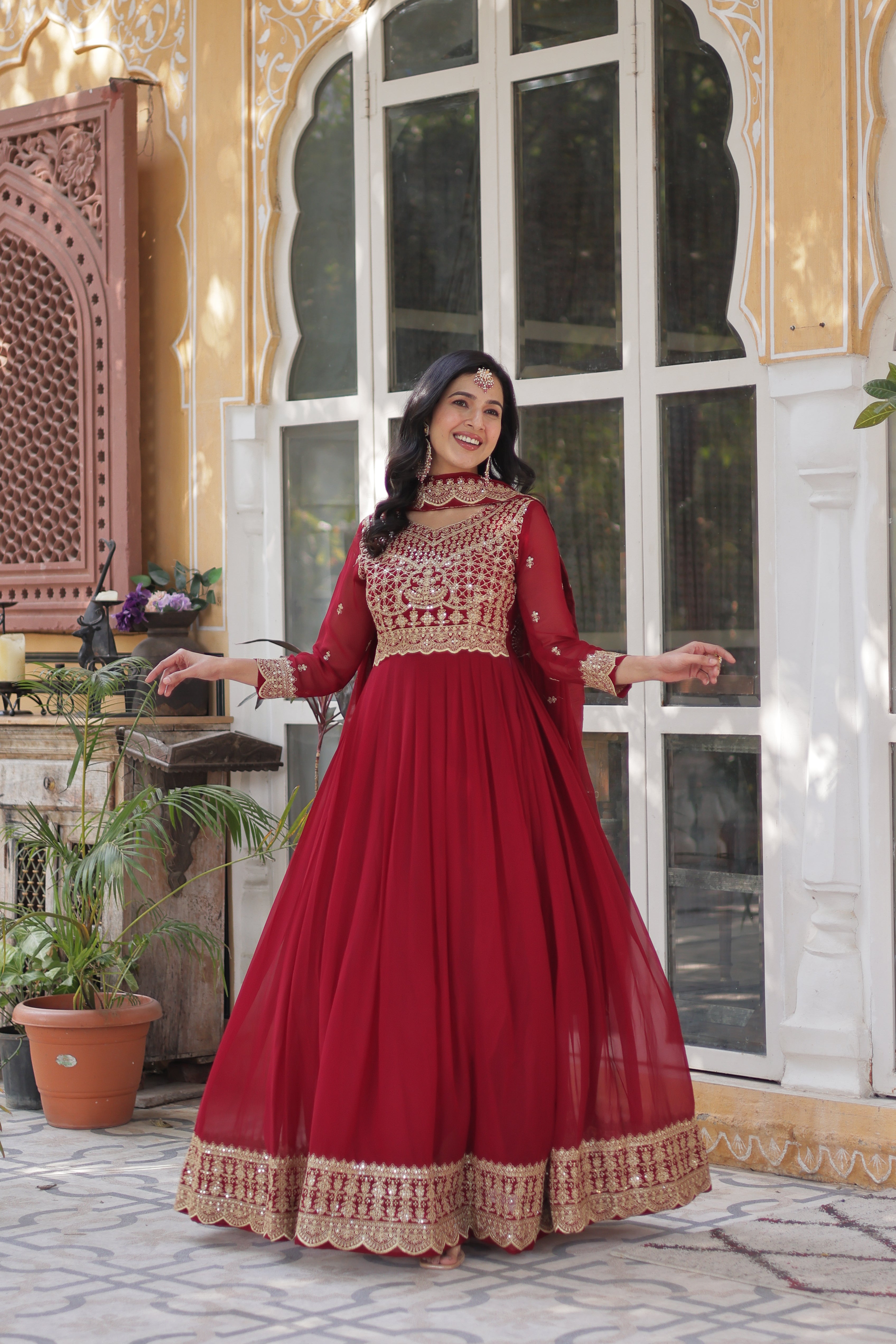 Women’s Embroidered Maroon Georgette Gown – Graceful Ethnic Wear