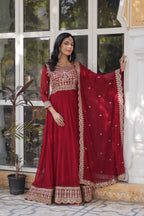 Women’s Embroidered Maroon Georgette Gown – Graceful Ethnic Wear