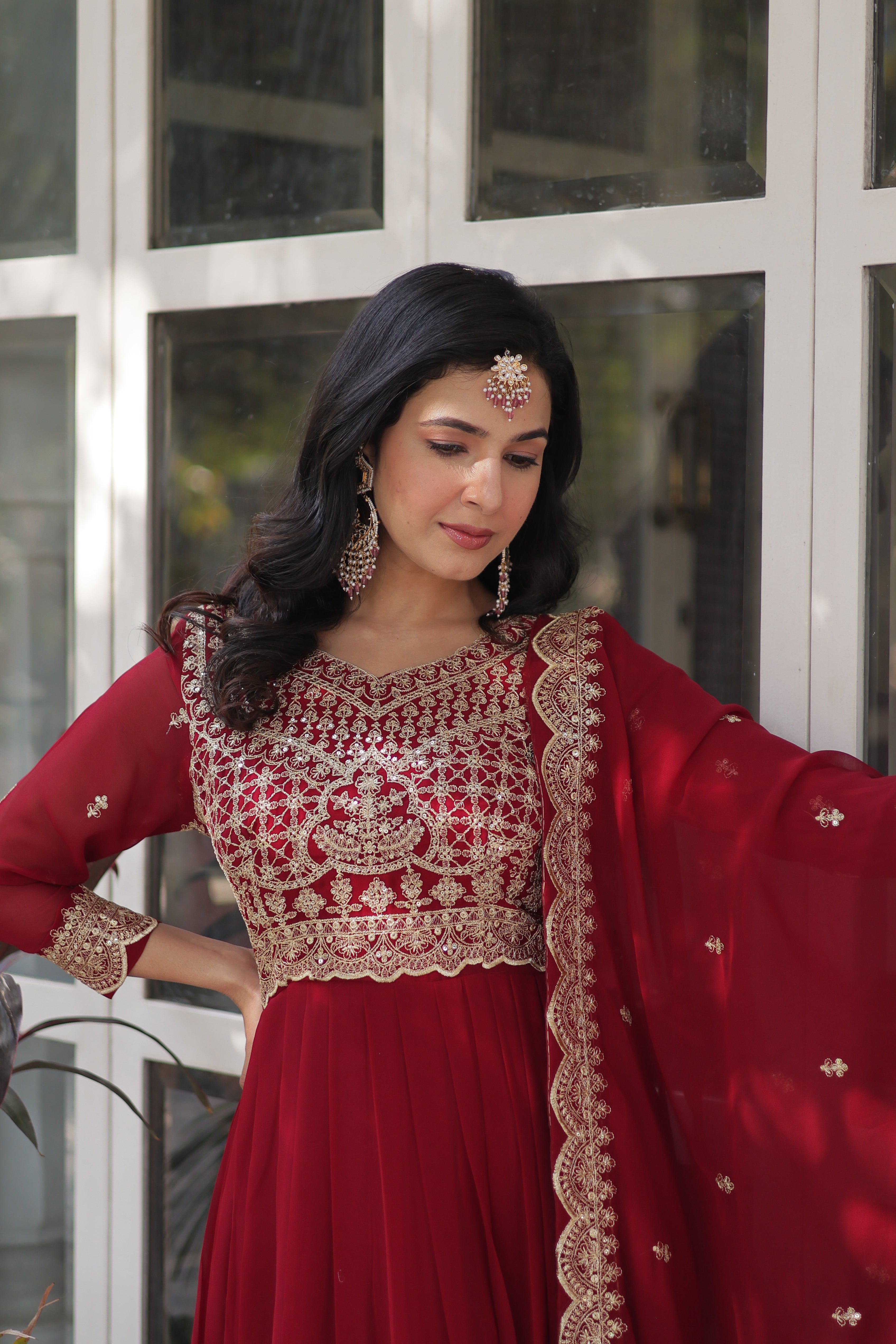 Women’s Embroidered Maroon Georgette Gown – Graceful Ethnic Wear