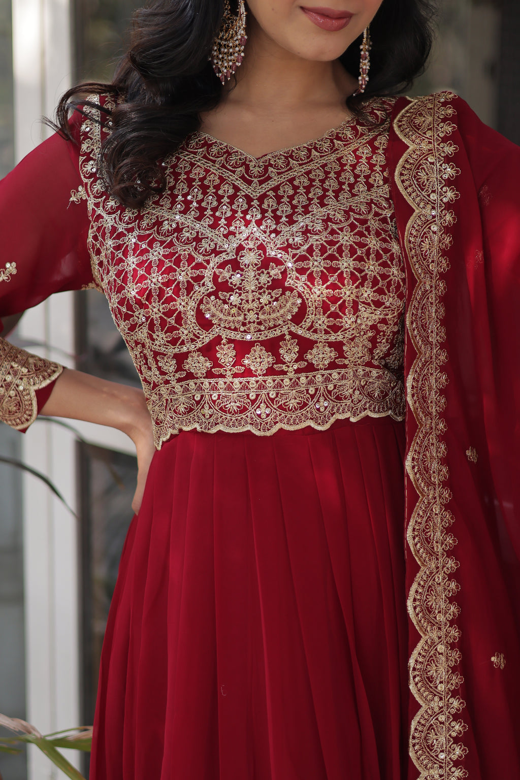 Women’s Embroidered Maroon Georgette Gown – Graceful Ethnic Wear