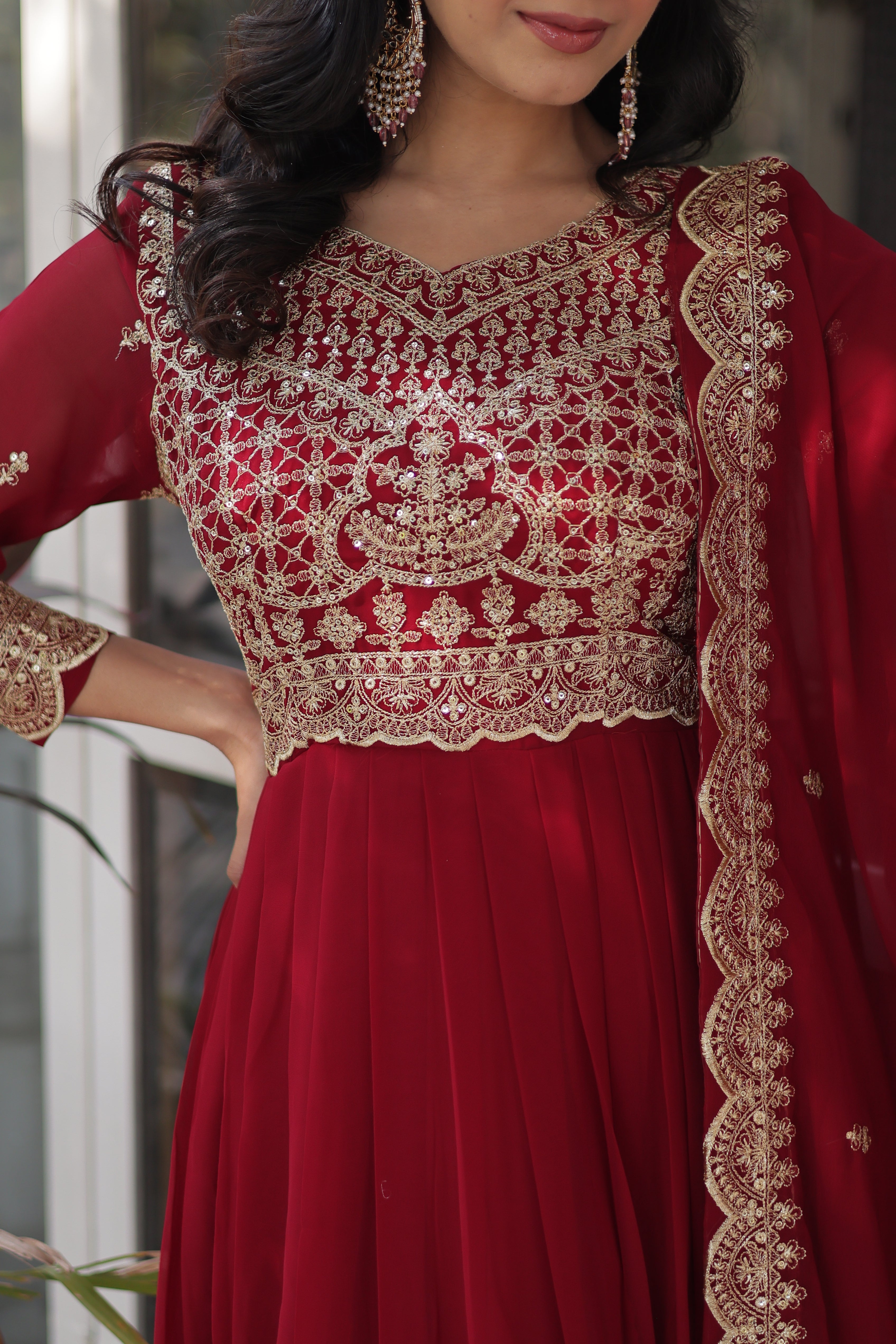 Women’s Embroidered Maroon Georgette Gown – Graceful Ethnic Wear