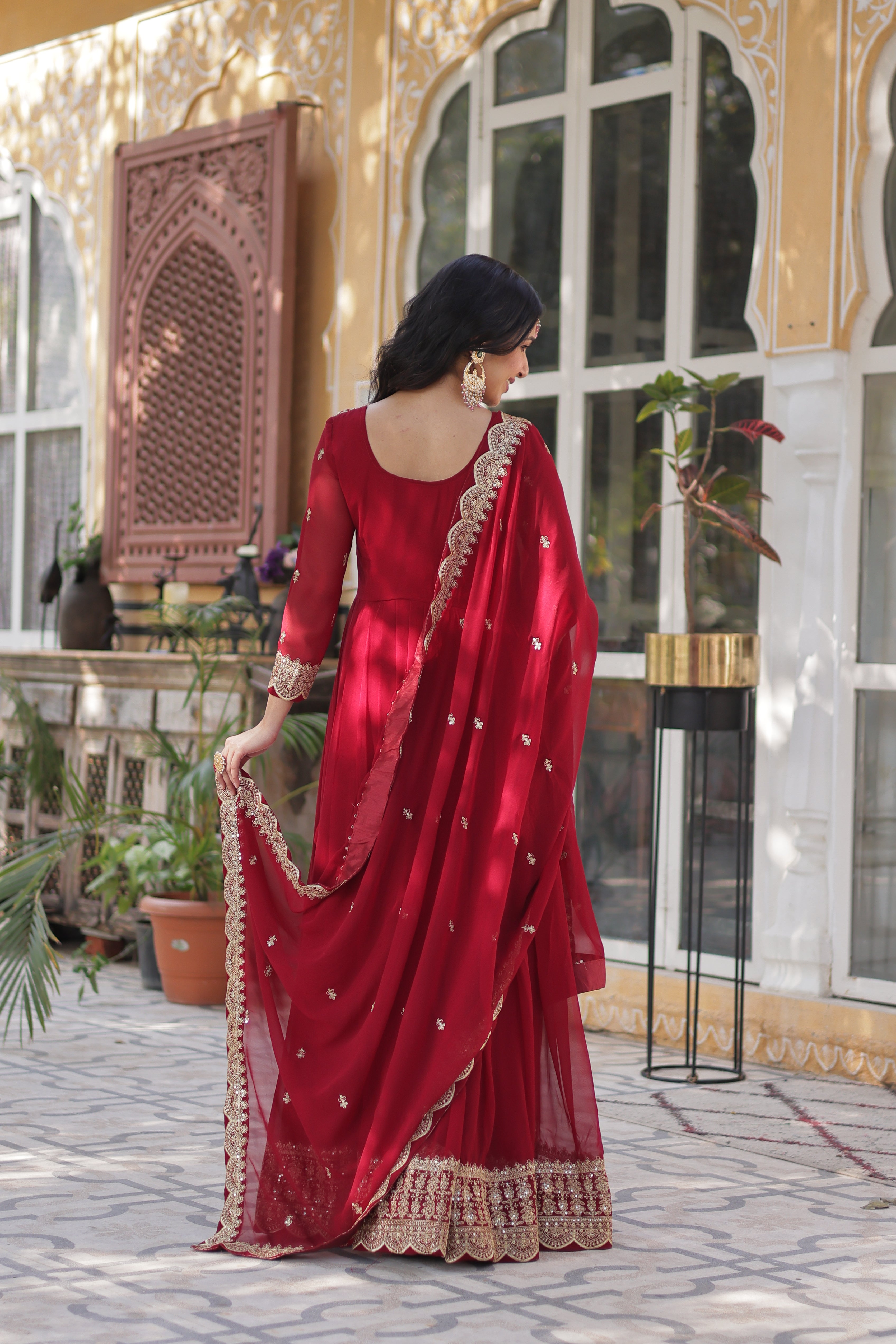 Women’s Embroidered Maroon Georgette Gown – Graceful Ethnic Wear