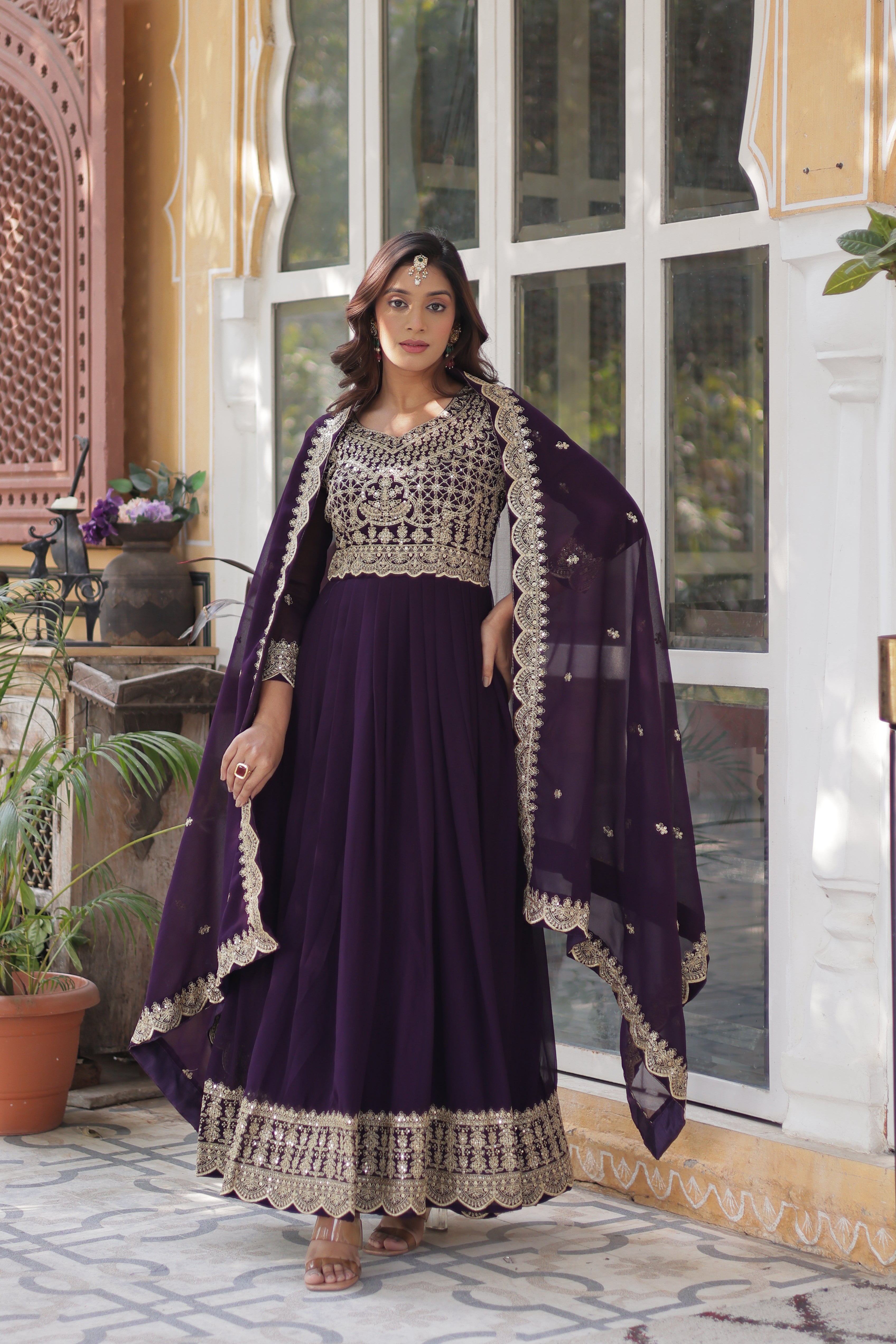Women’s Embroidered Wine Georgette Gown – Graceful Ethnic Wear