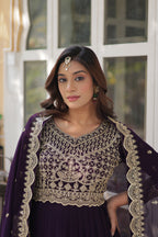 Women’s Embroidered Wine Georgette Gown – Graceful Ethnic Wear