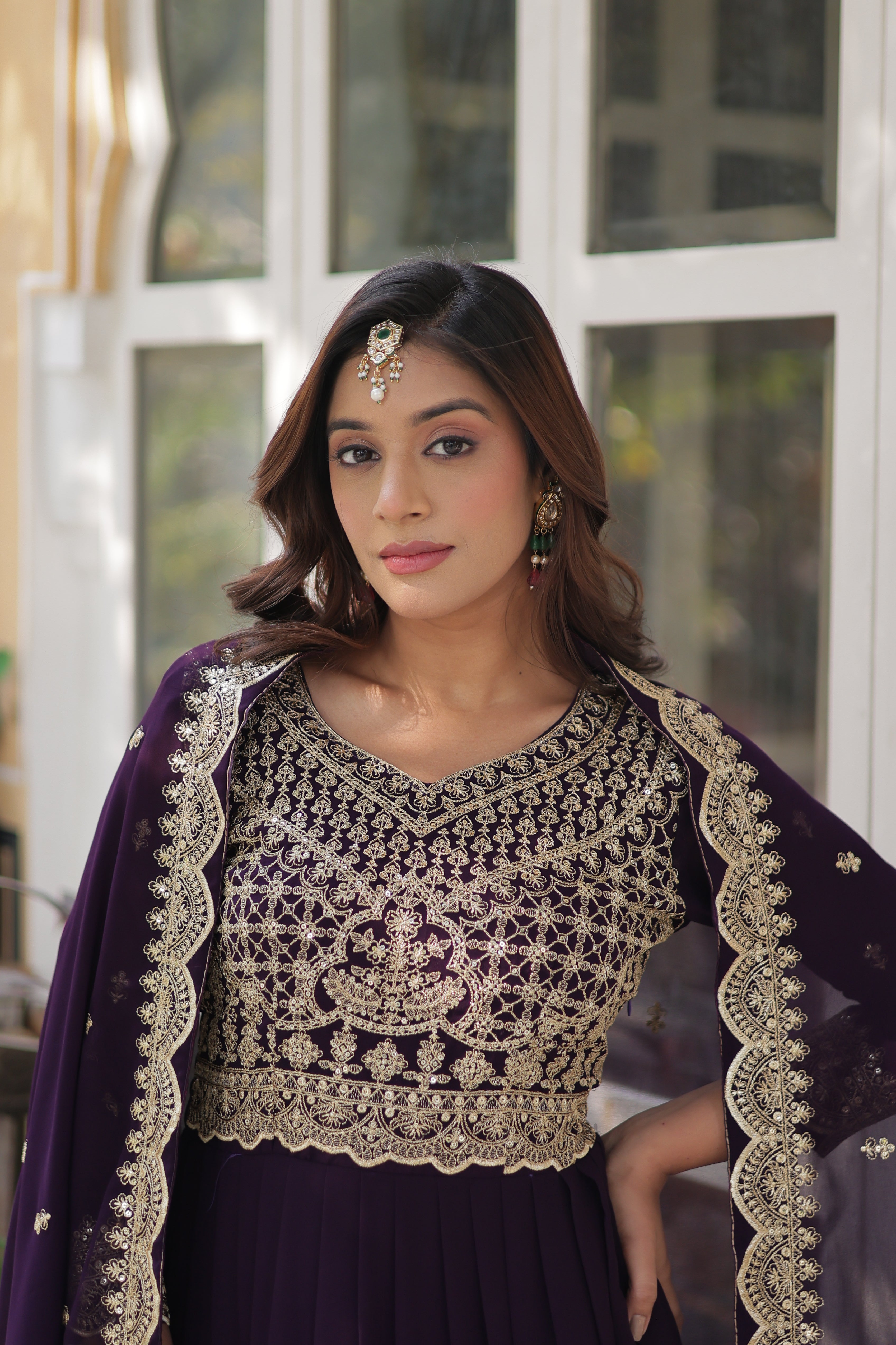 Women’s Embroidered Wine Georgette Gown – Graceful Ethnic Wear