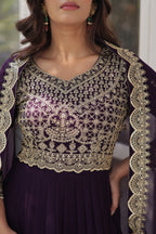 Women’s Embroidered Wine Georgette Gown – Graceful Ethnic Wear
