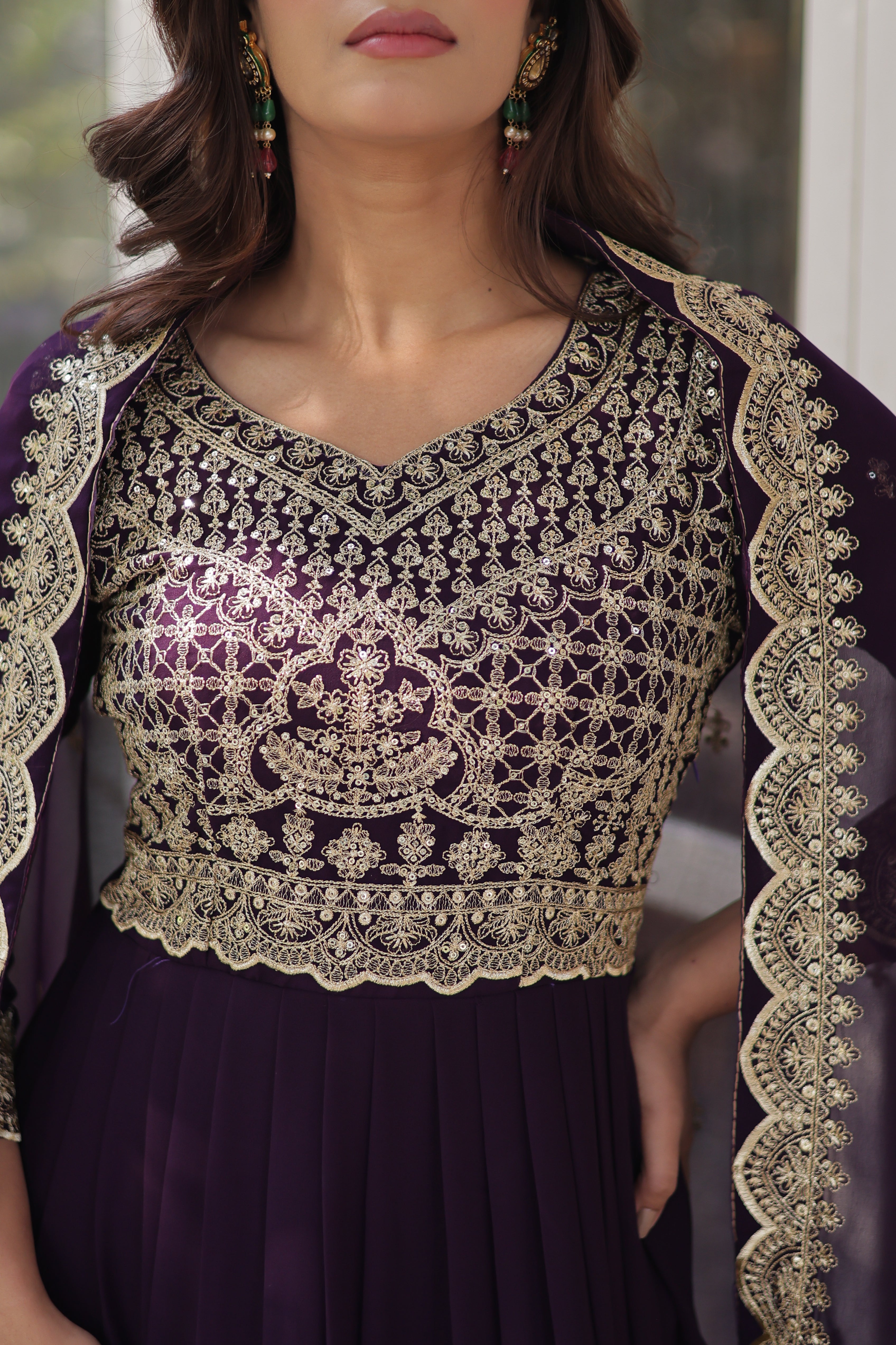 Women’s Embroidered Wine Georgette Gown – Graceful Ethnic Wear