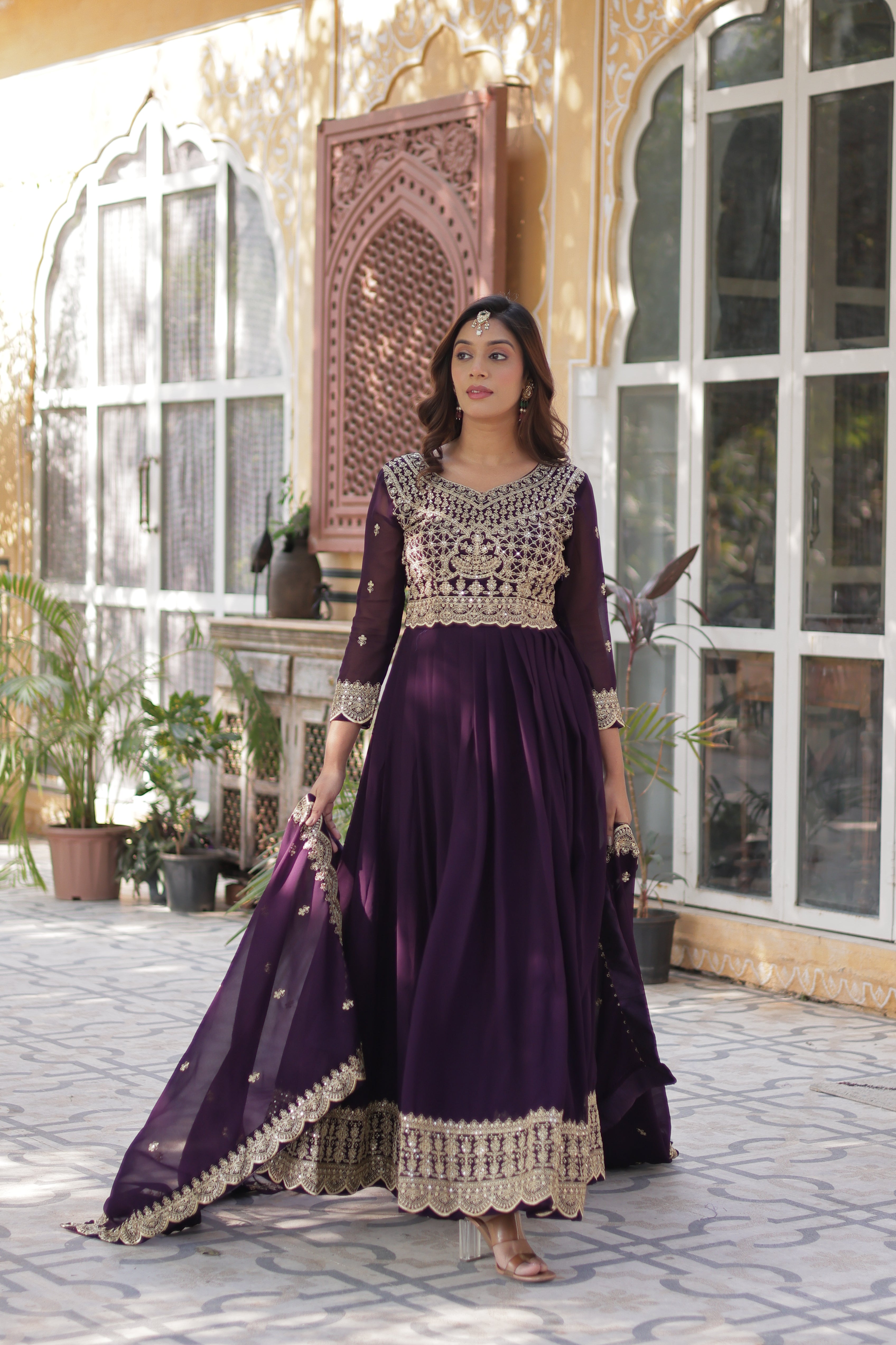 Women’s Embroidered Wine Georgette Gown – Graceful Ethnic Wear