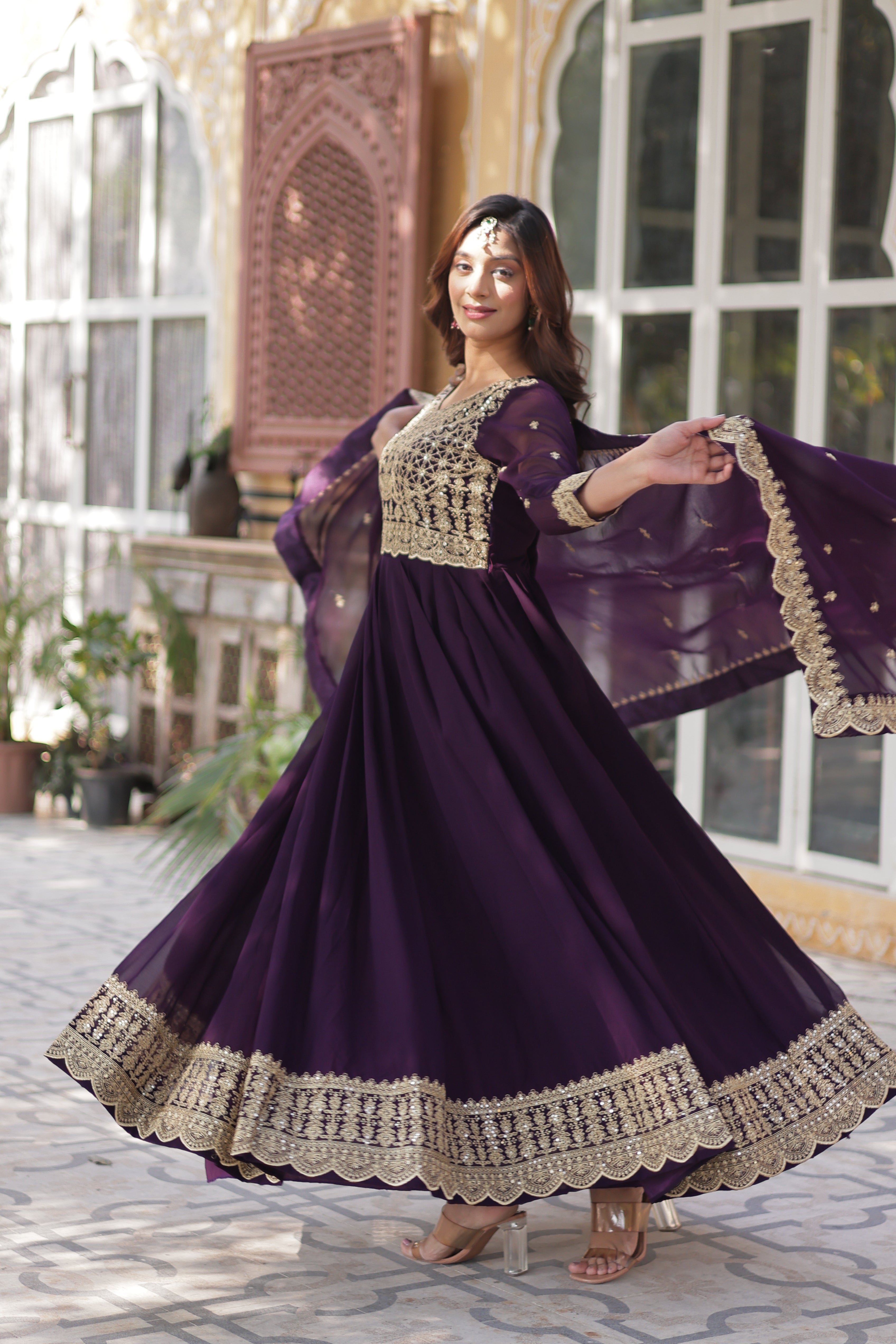 Women’s Embroidered Wine Georgette Gown – Graceful Ethnic Wear