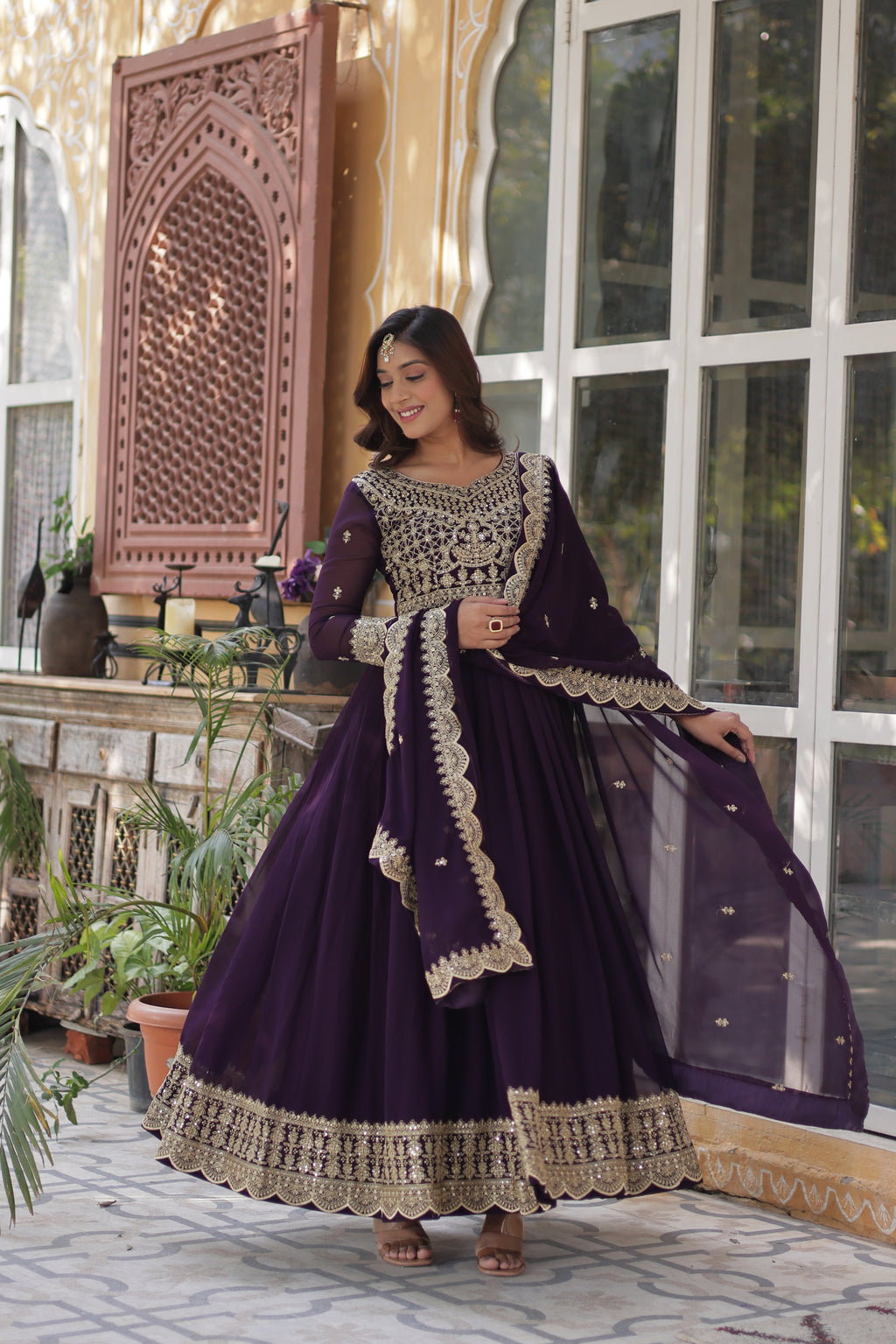 Women’s Embroidered Wine Georgette Gown – Graceful Ethnic Wear