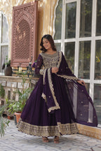 Women’s Embroidered Wine Georgette Gown – Graceful Ethnic Wear