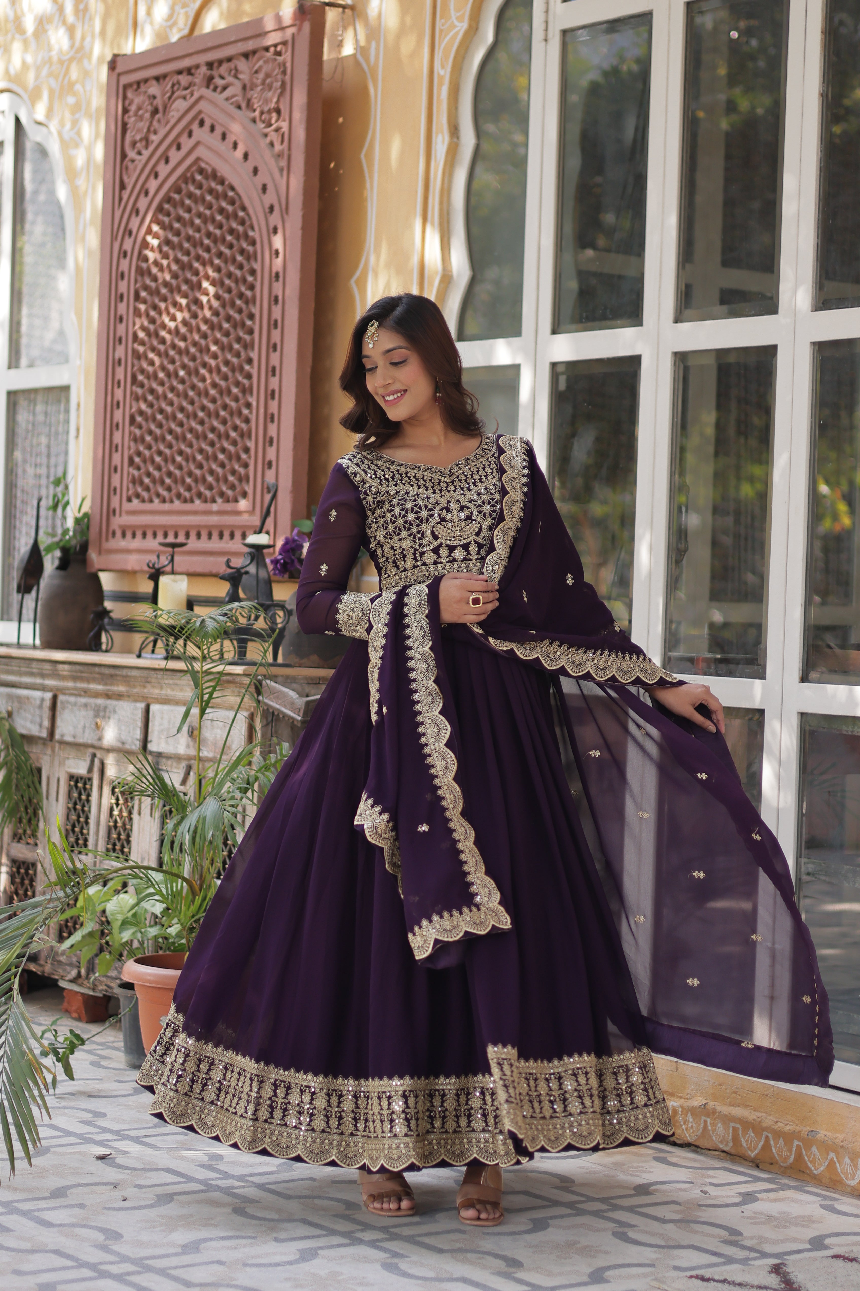 Women’s Embroidered Wine Georgette Gown – Graceful Ethnic Wear