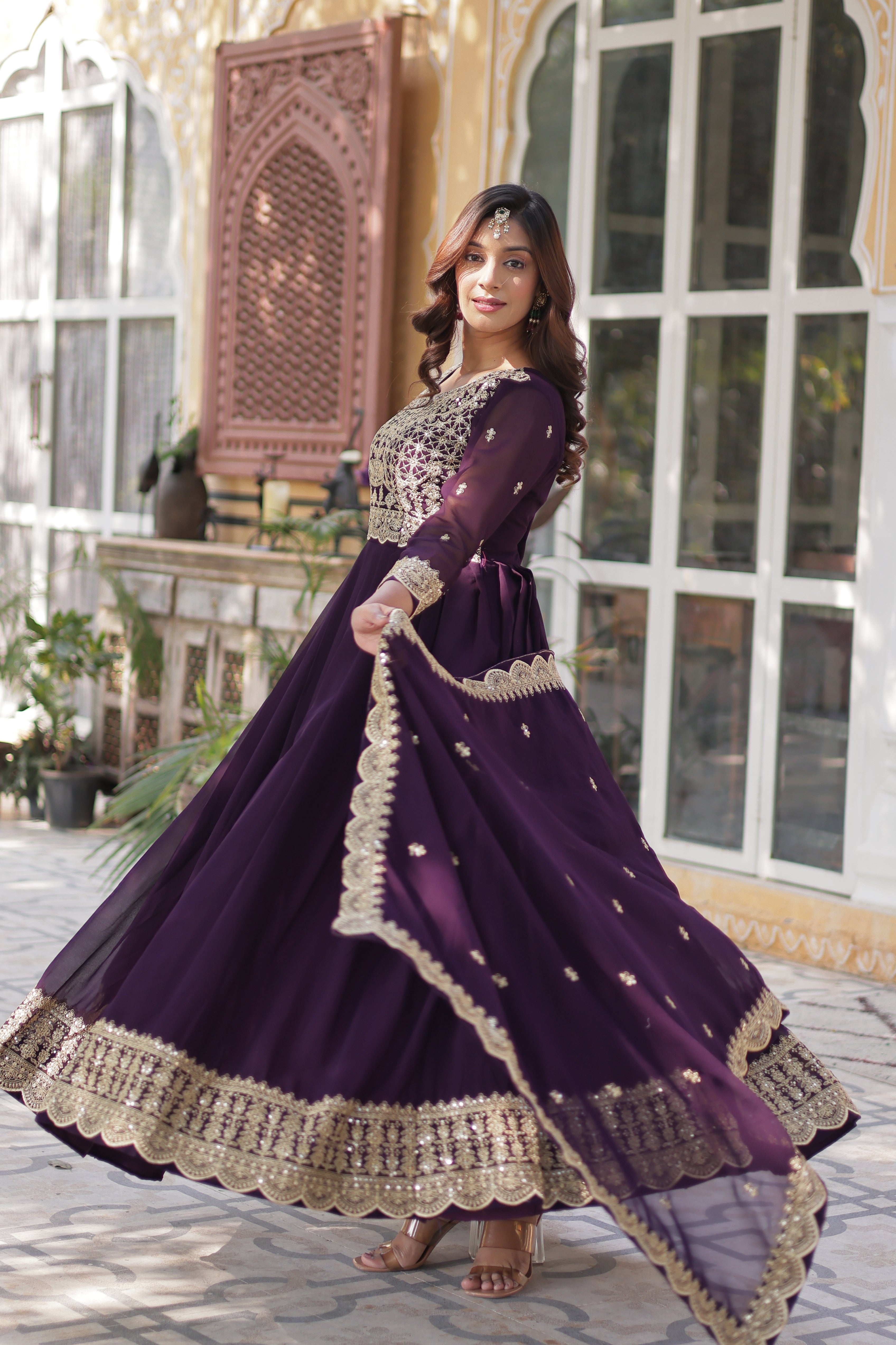Women’s Embroidered Wine Georgette Gown – Graceful Ethnic Wear