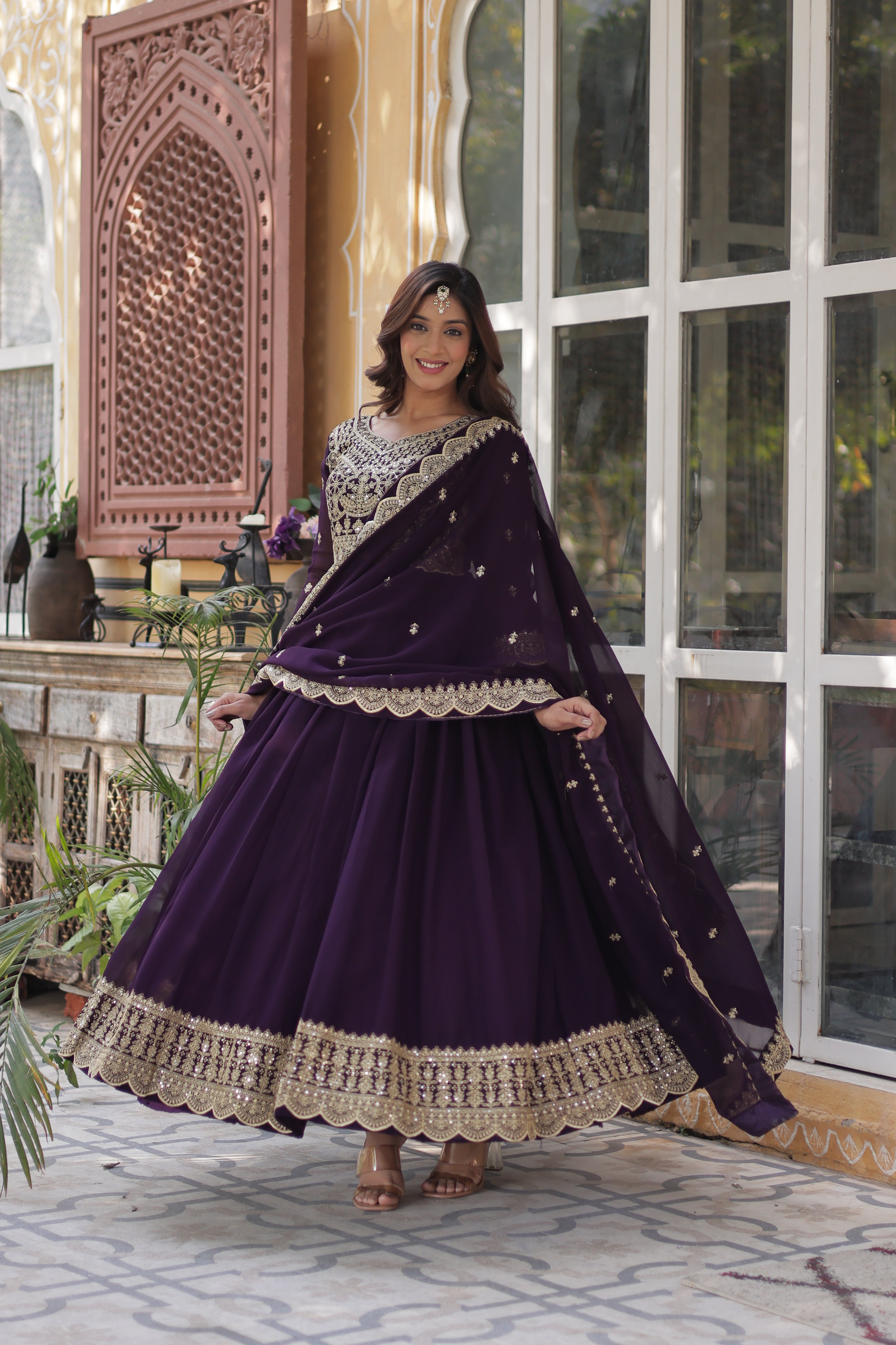 Women’s Embroidered Wine Georgette Gown – Graceful Ethnic Wear