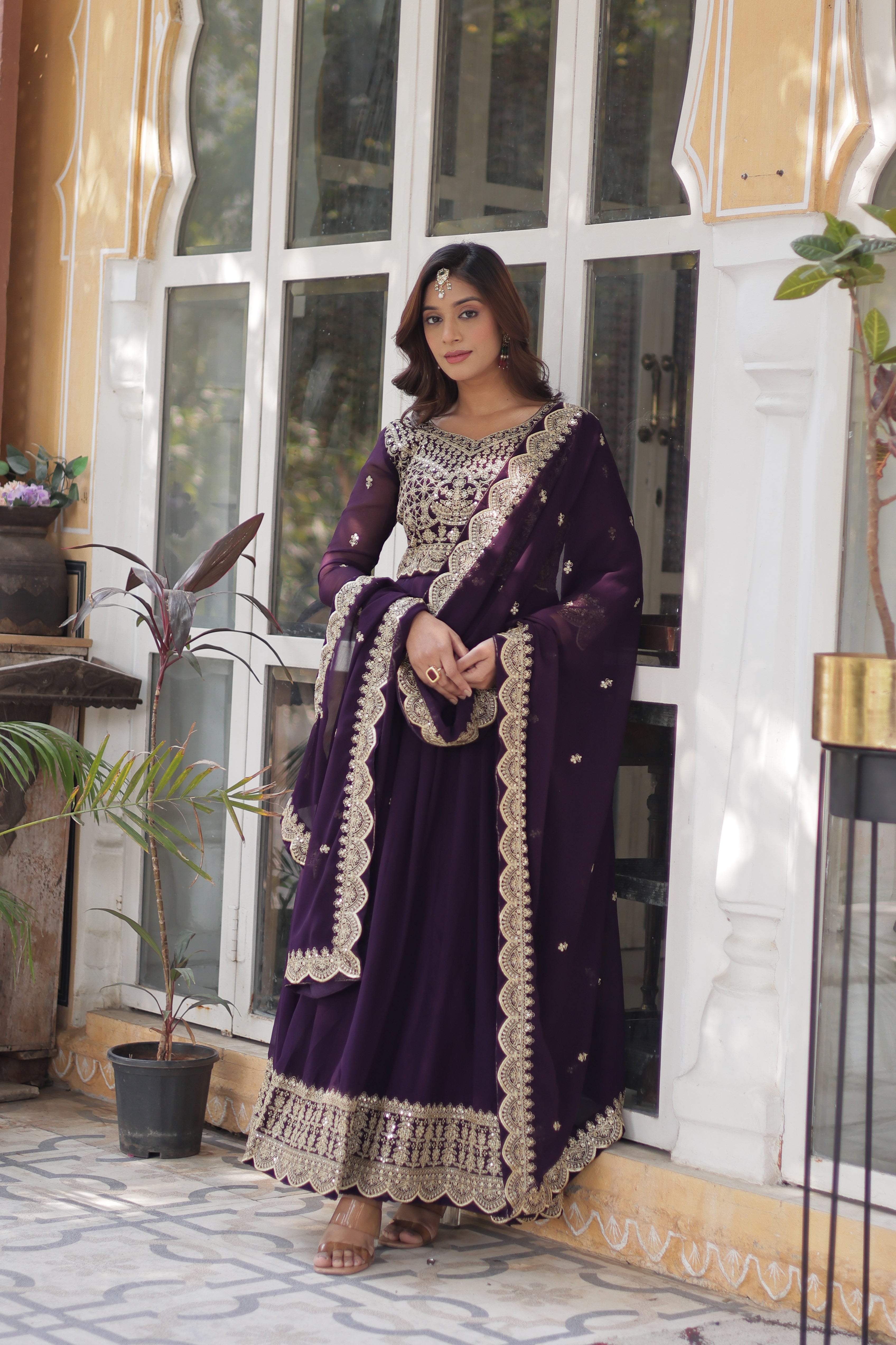 Women’s Embroidered Wine Georgette Gown – Graceful Ethnic Wear