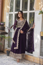Women’s Embroidered Wine Georgette Gown – Graceful Ethnic Wear