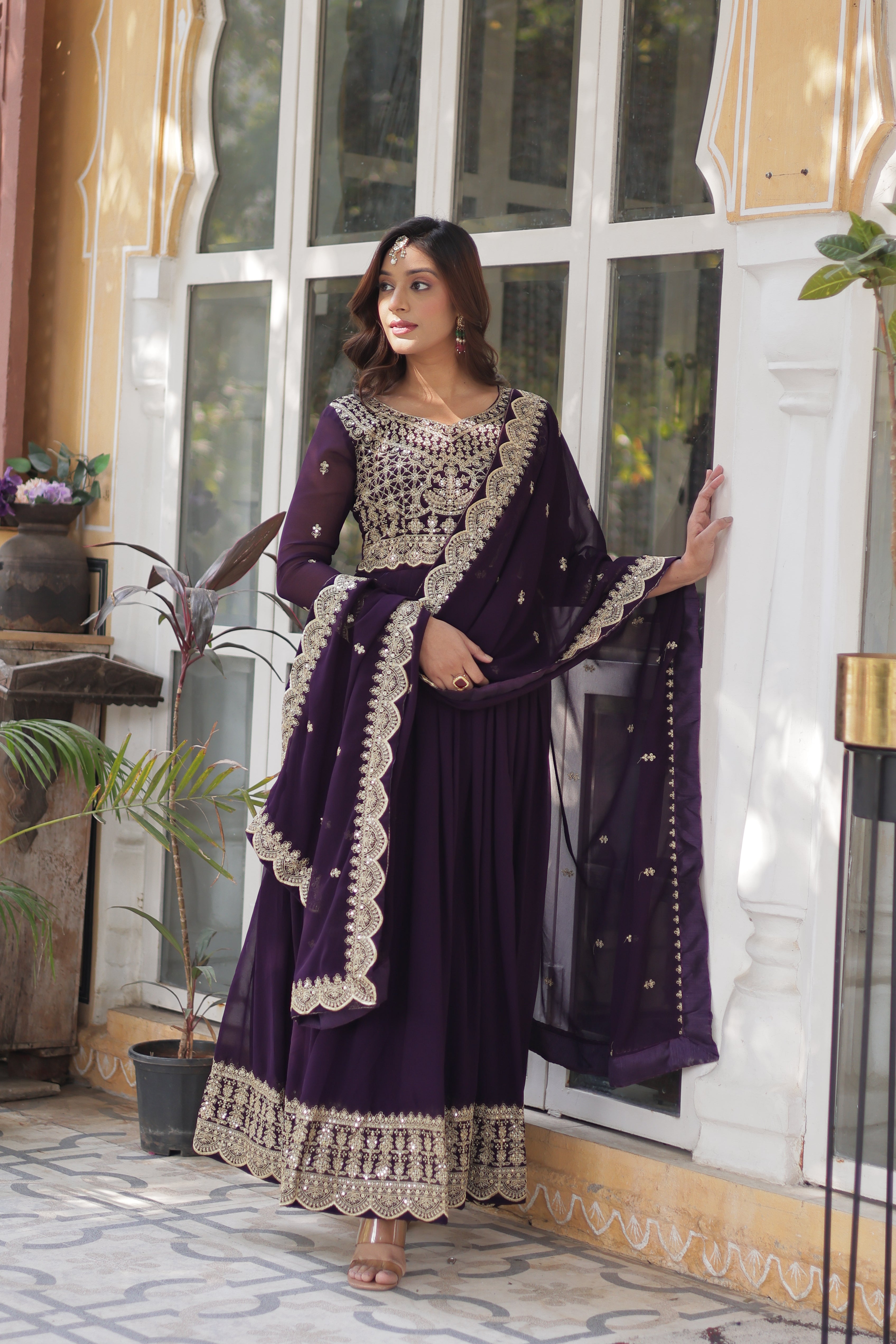 Women’s Embroidered Wine Georgette Gown – Graceful Ethnic Wear