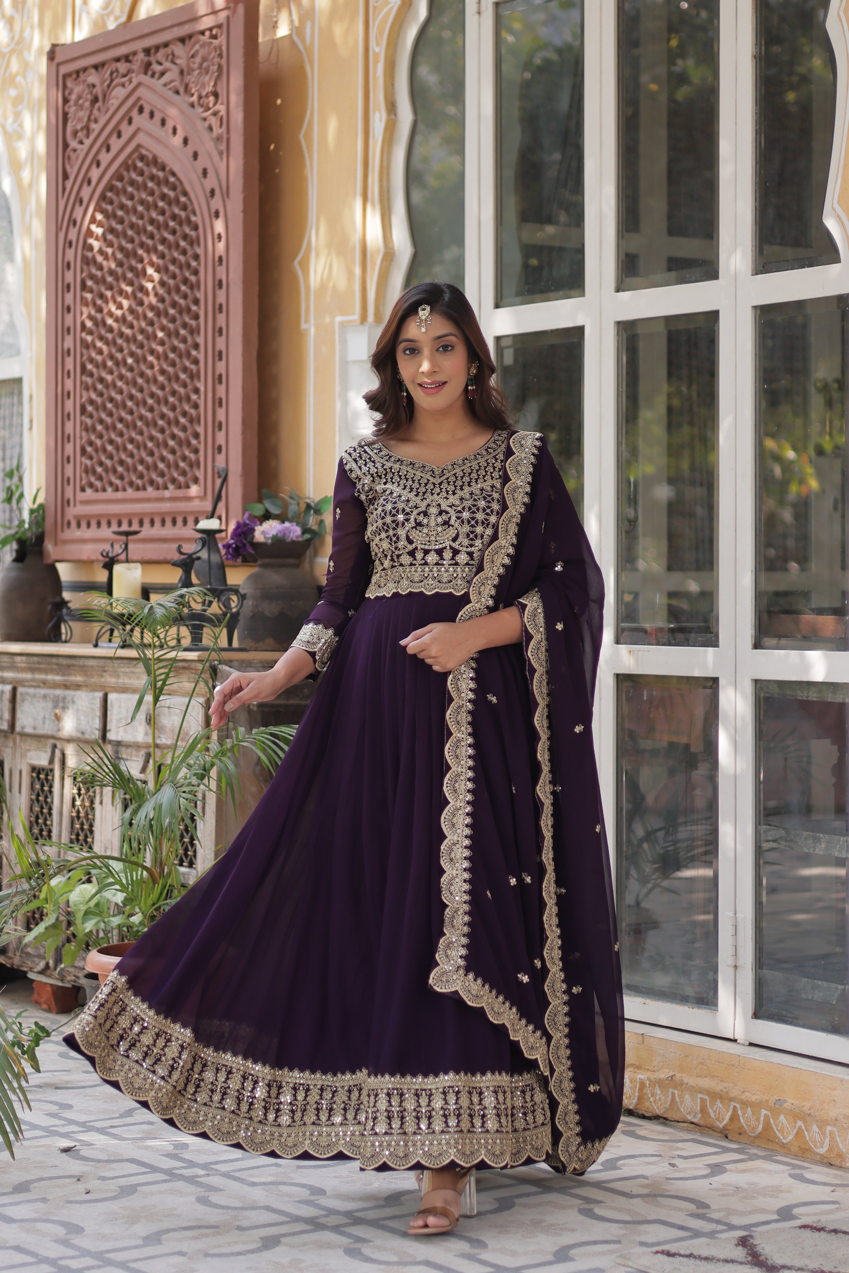 Women’s Embroidered Wine Georgette Gown – Graceful Ethnic Wear