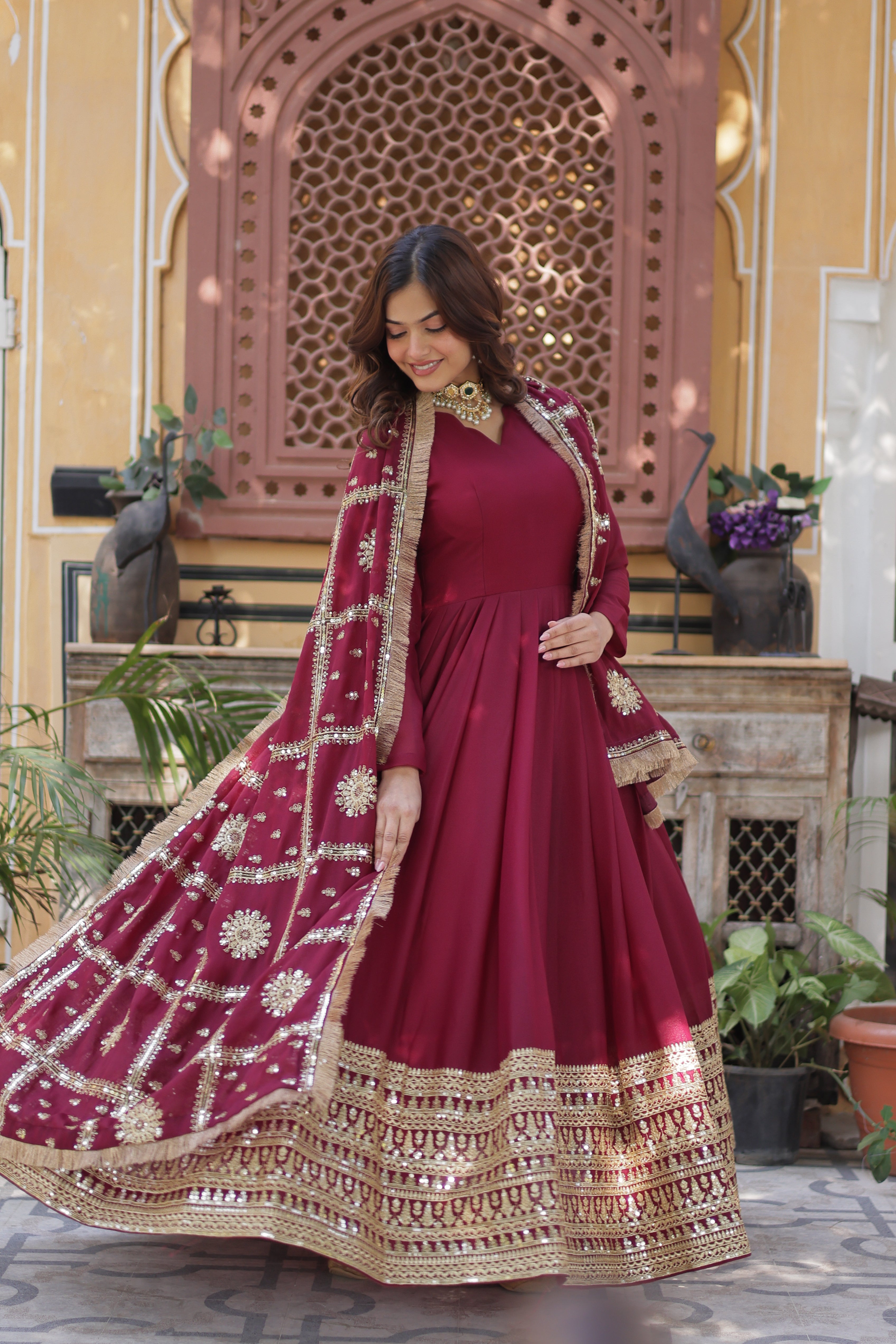 Women’s Maroon Georgette Gown – Elegant Designer Party Wear