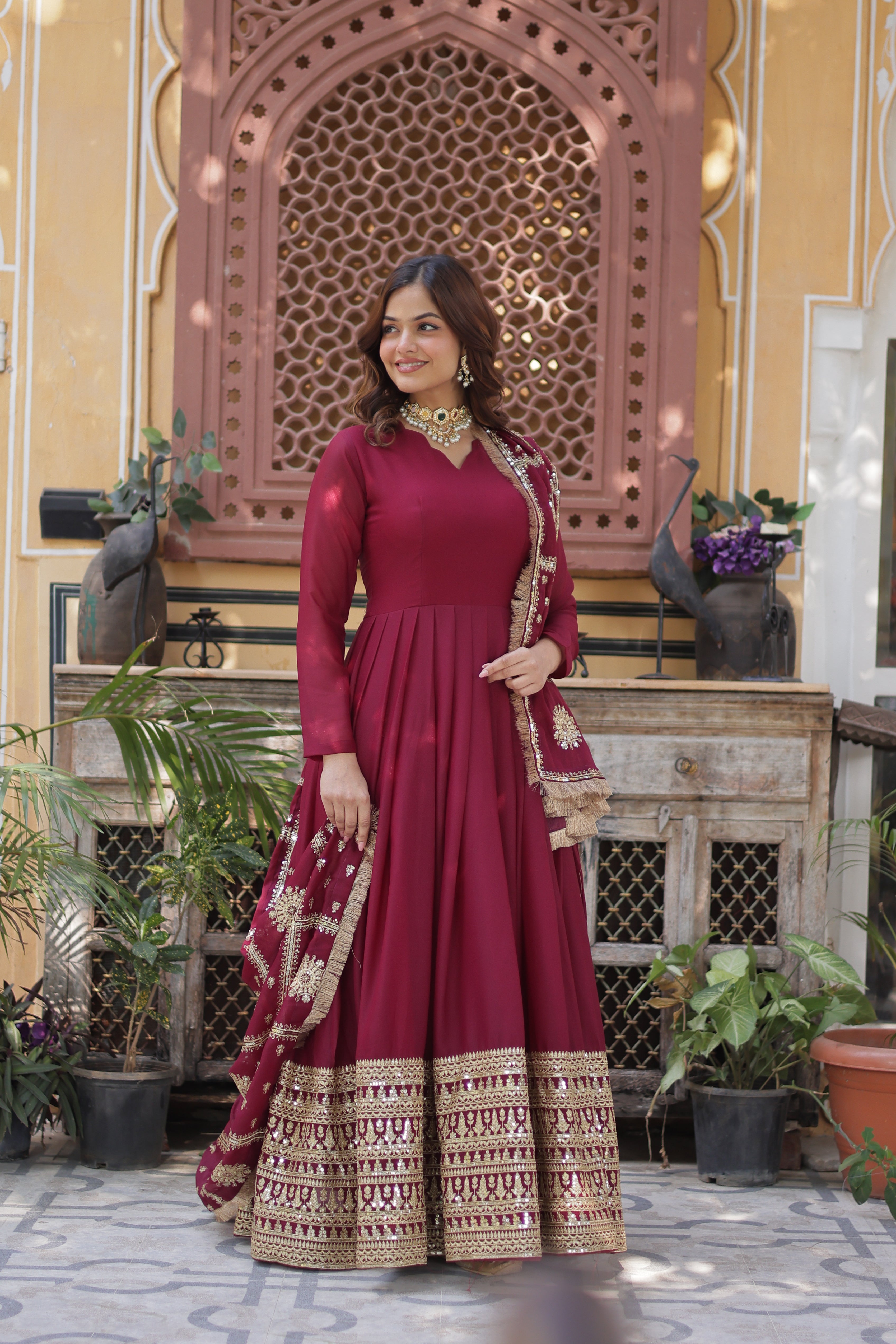 Women’s Maroon Georgette Gown – Elegant Designer Party Wear