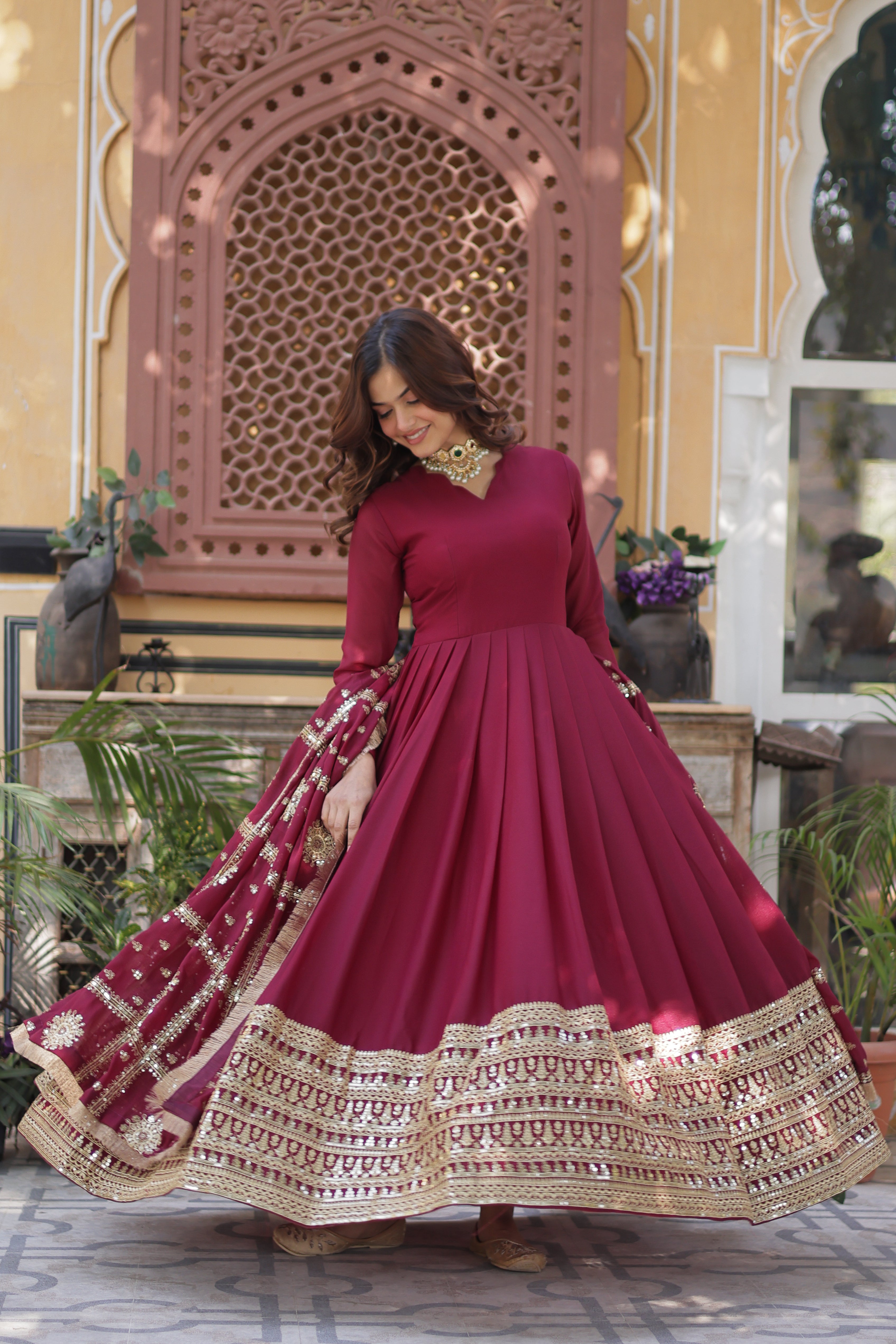 Women’s Maroon Georgette Gown – Elegant Designer Party Wear