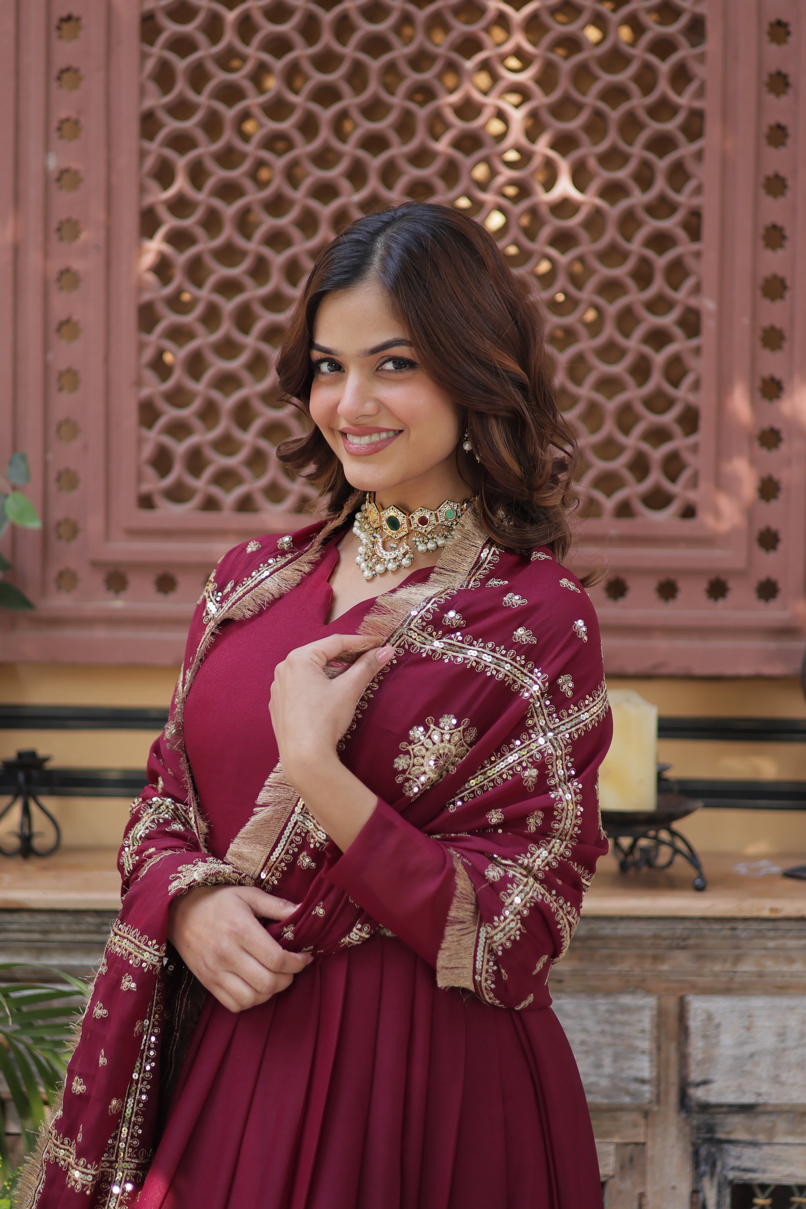 Women’s Maroon Georgette Gown – Elegant Designer Party Wear