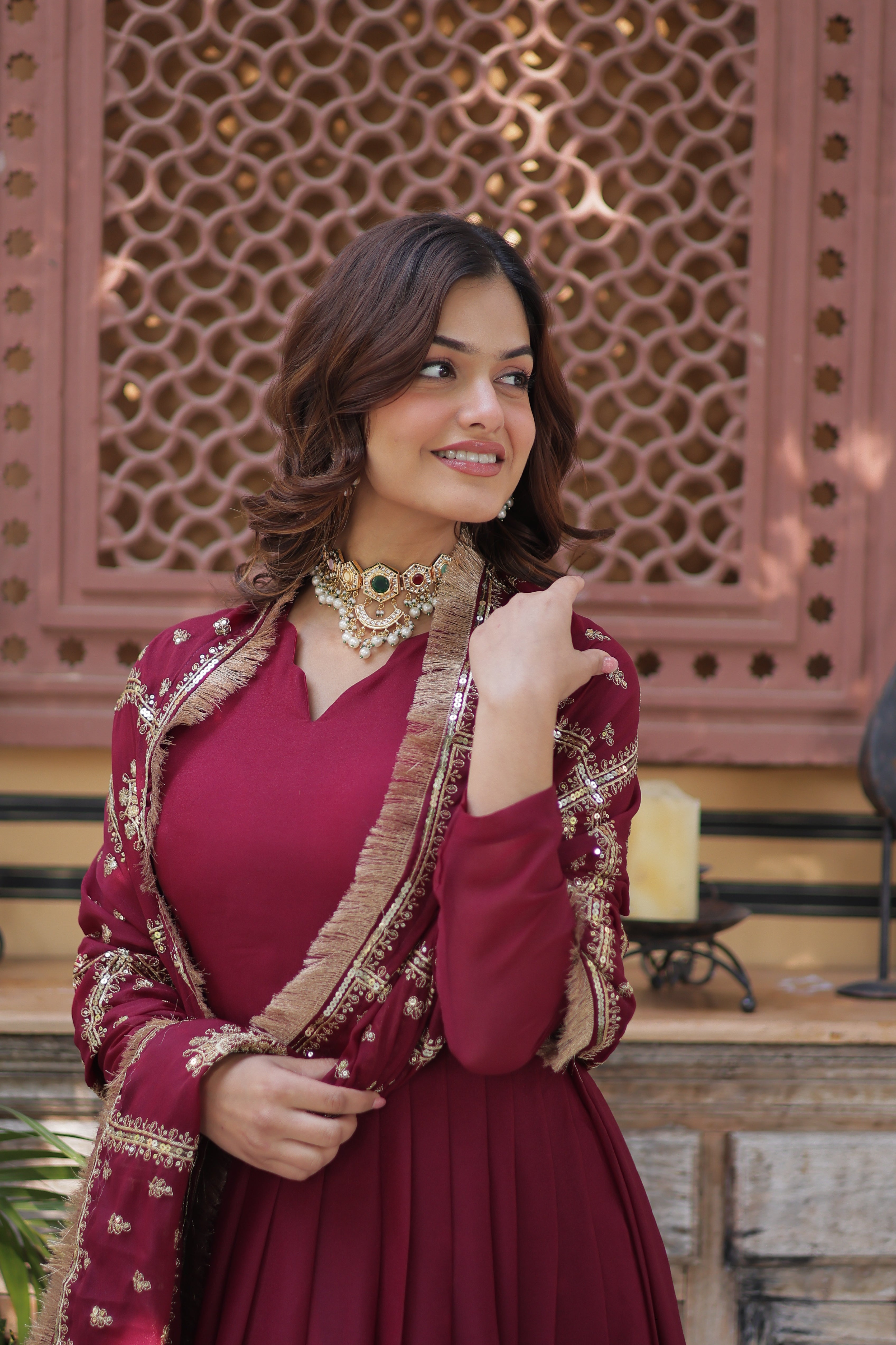 Women’s Maroon Georgette Gown – Elegant Designer Party Wear