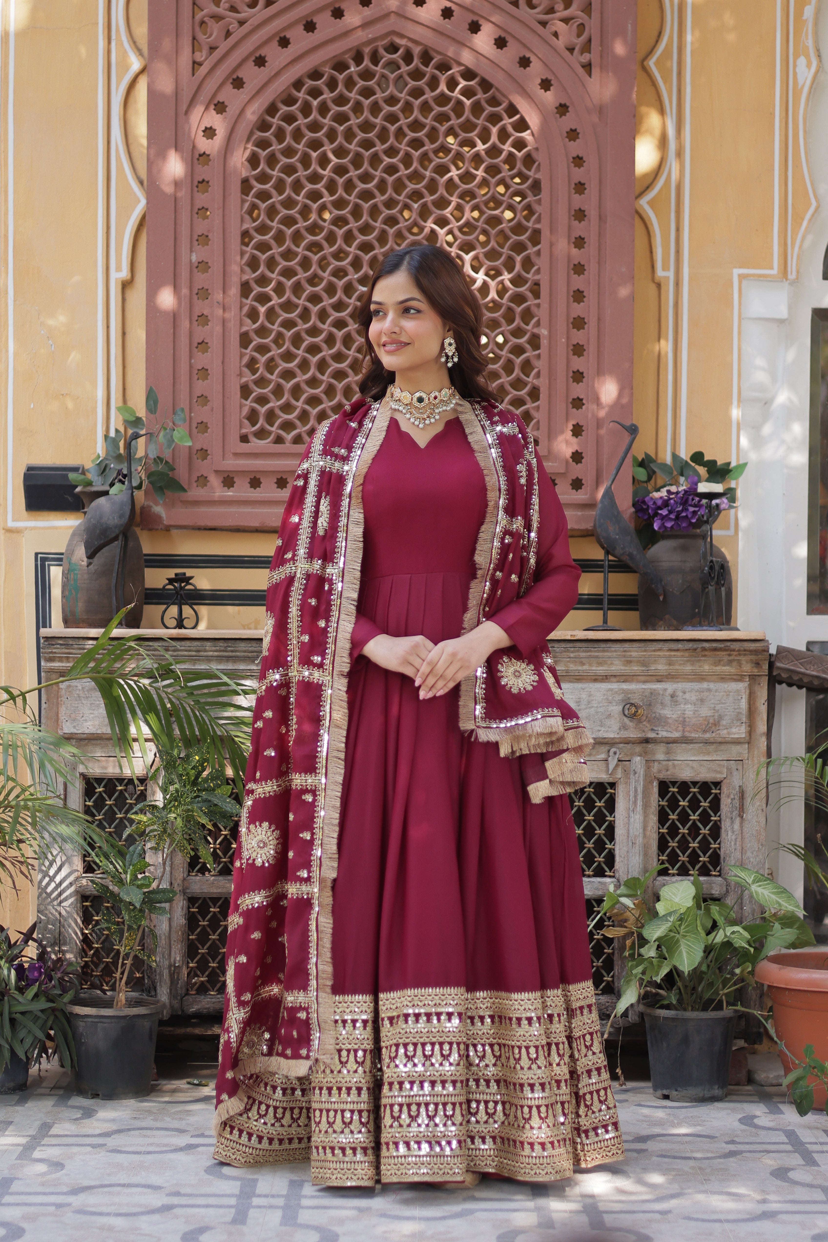 Women’s Maroon Georgette Gown – Elegant Designer Party Wear