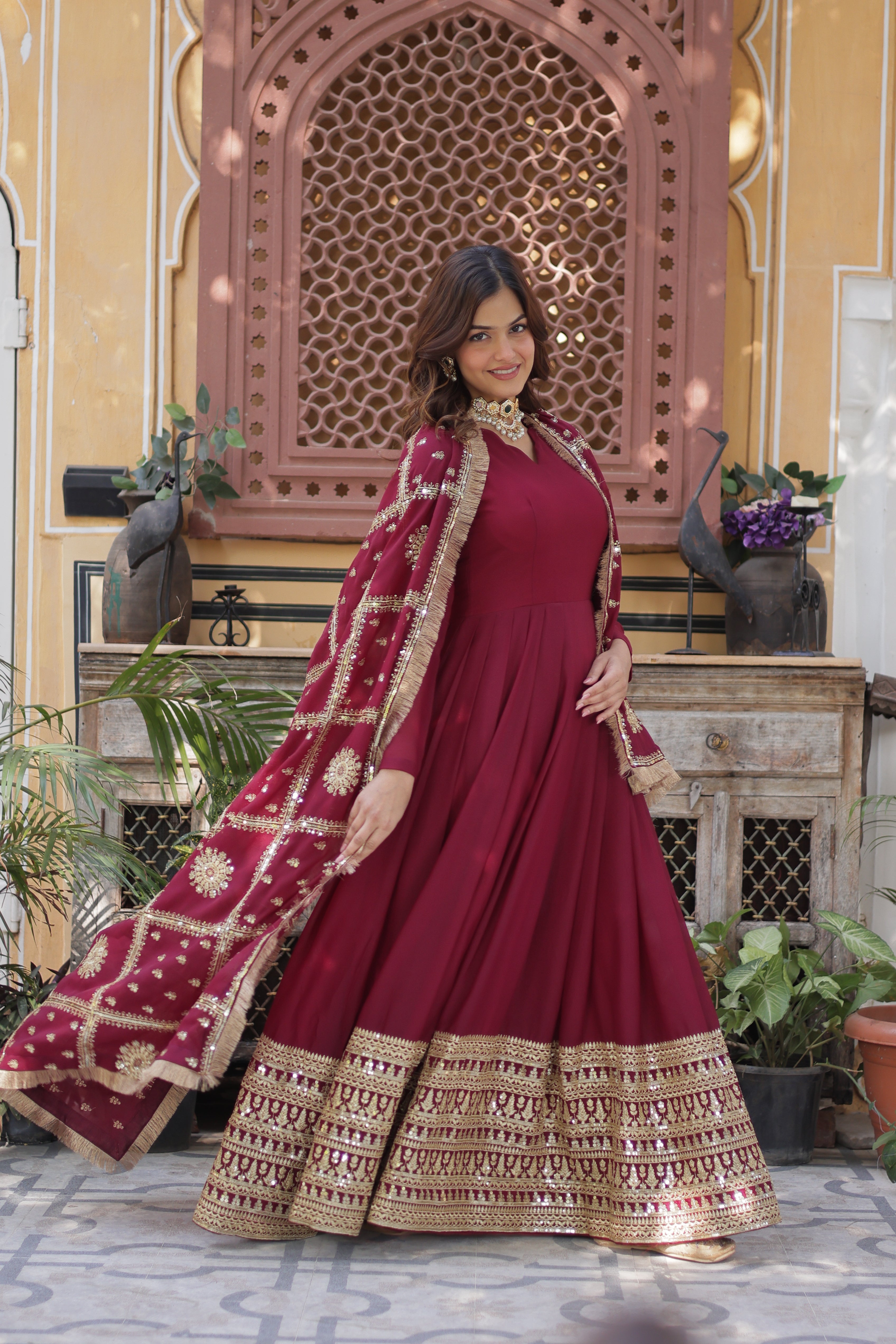 Women’s Maroon Georgette Gown – Elegant Designer Party Wear