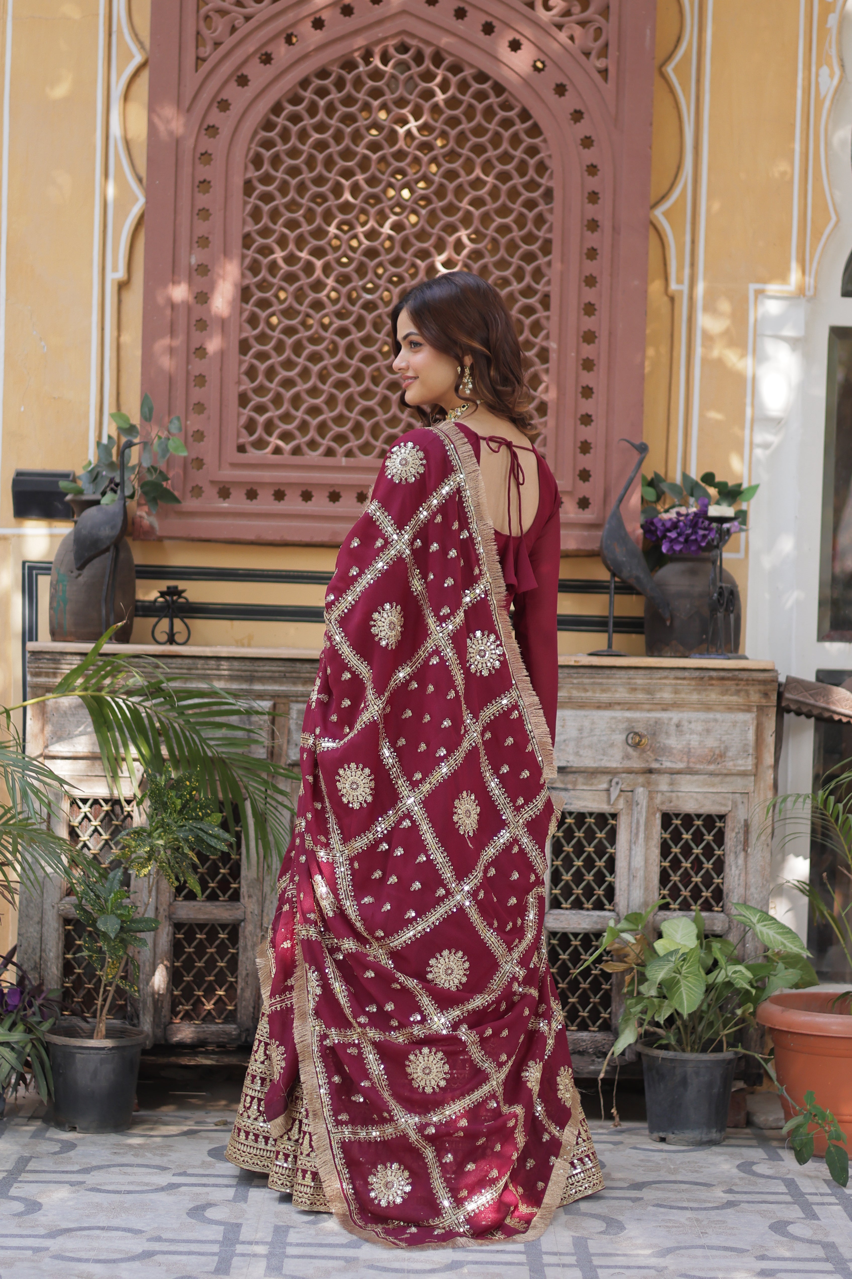 Women’s Maroon Georgette Gown – Elegant Designer Party Wear