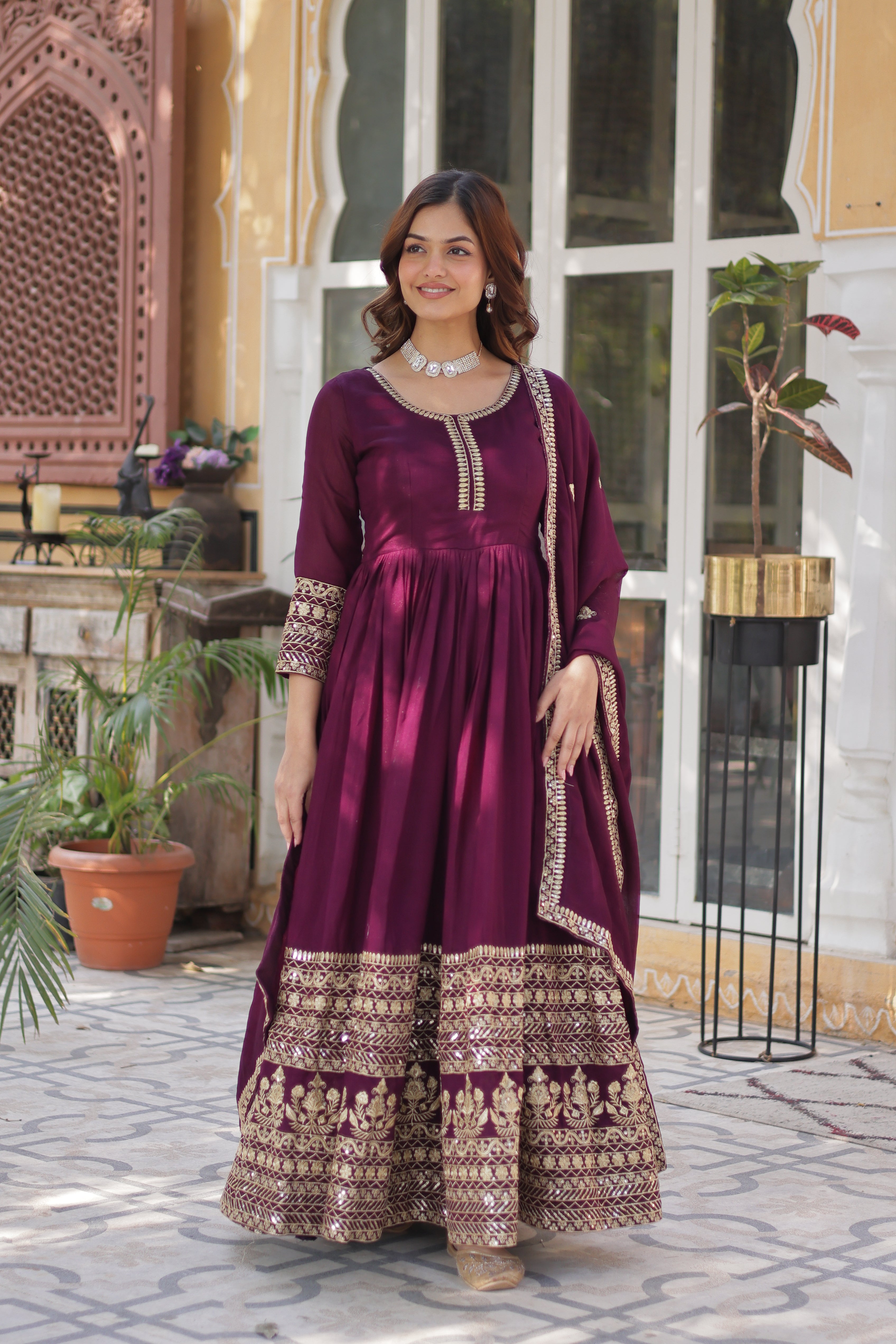 Women’s Wine Silk Gown – Elegant Designer Party Wear
