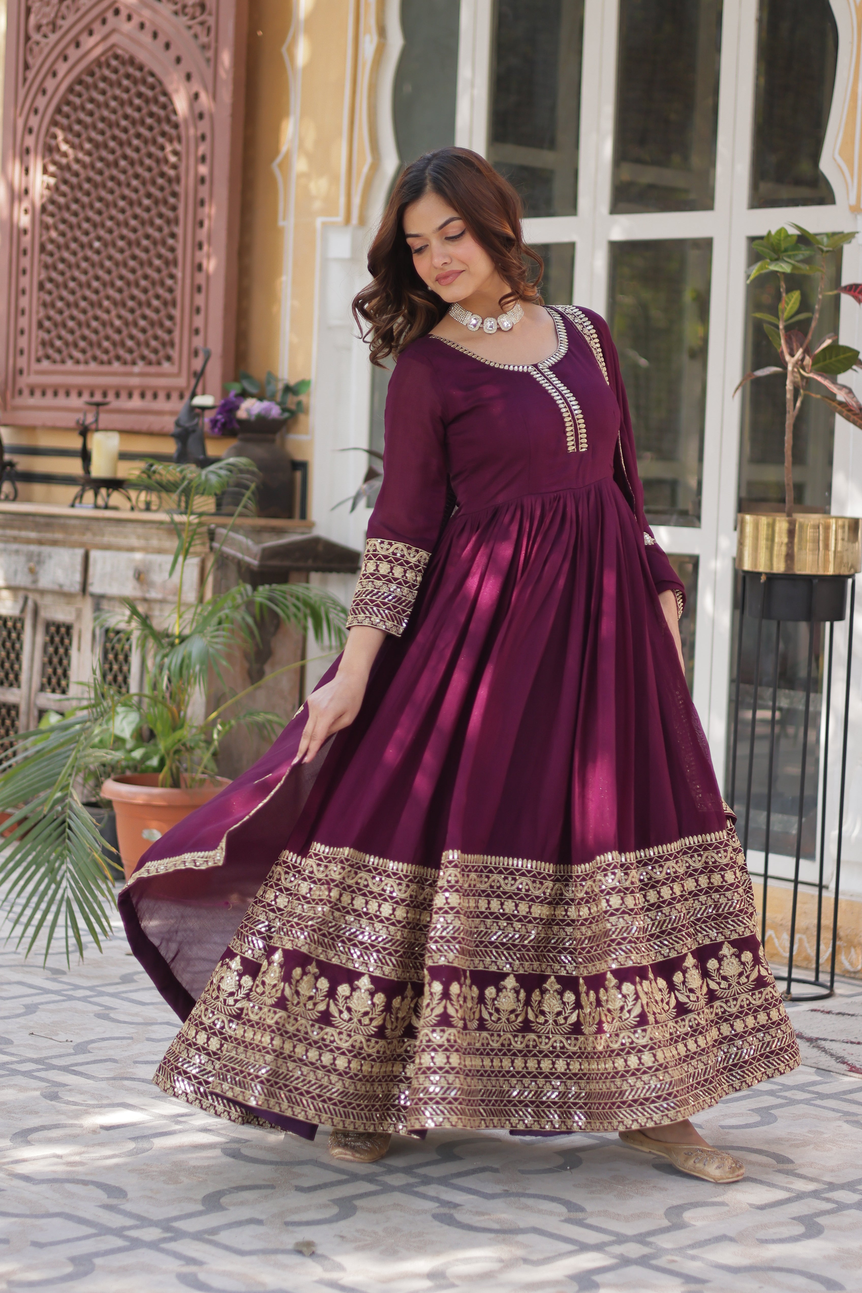 Women’s Wine Silk Gown – Elegant Designer Party Wear