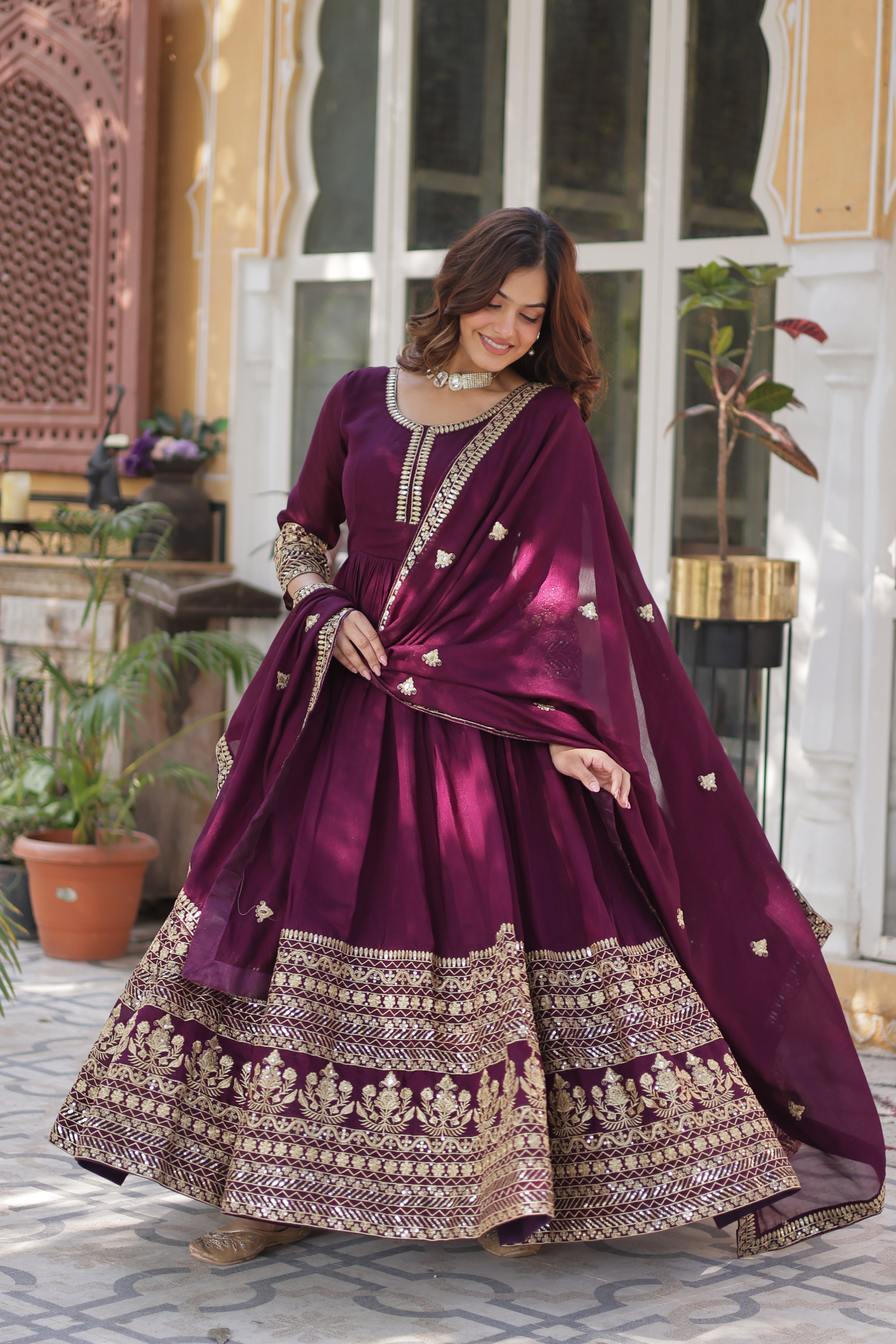 Women’s Wine Silk Gown – Elegant Designer Party Wear