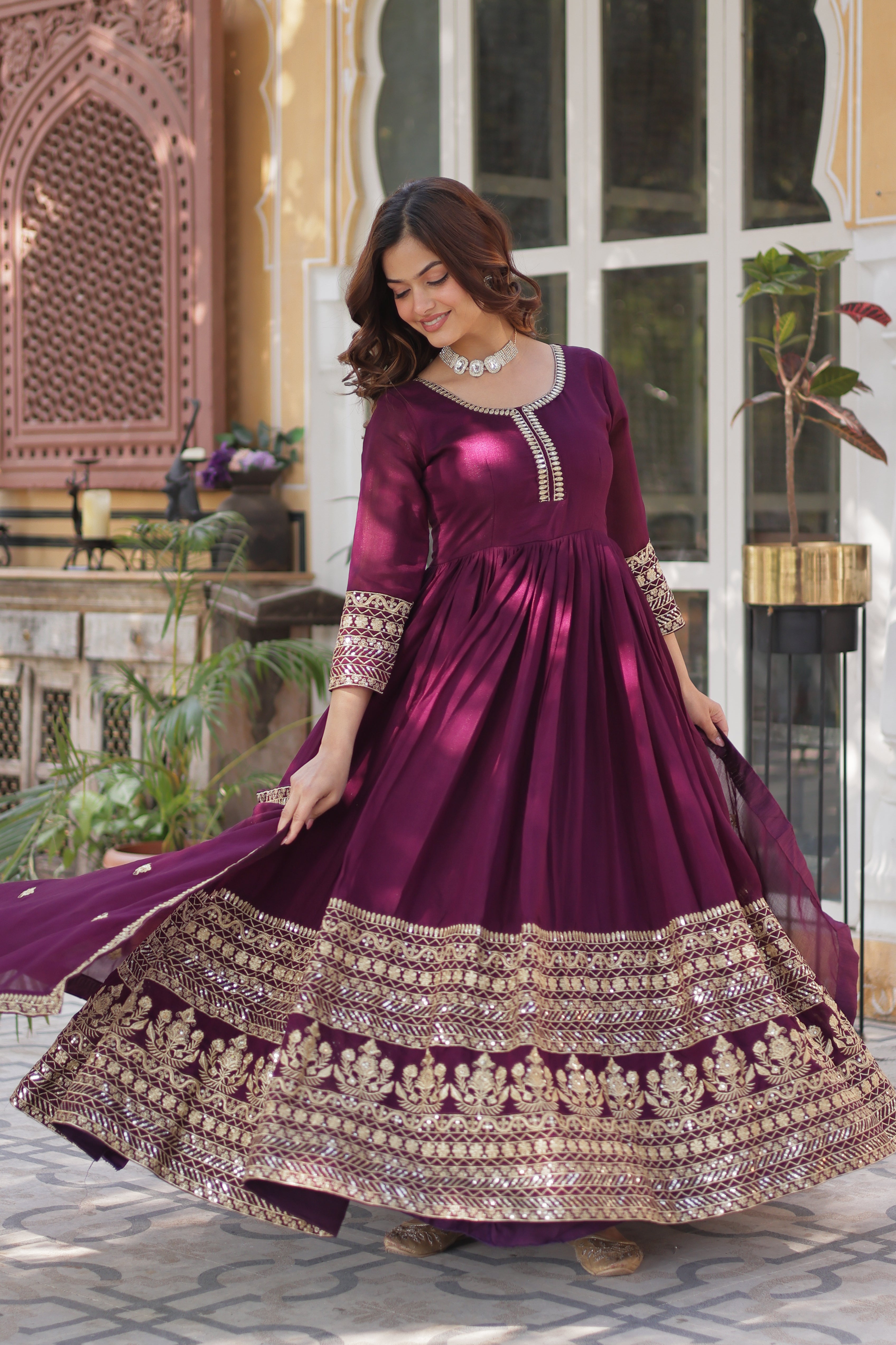 Women’s Wine Silk Gown – Elegant Designer Party Wear