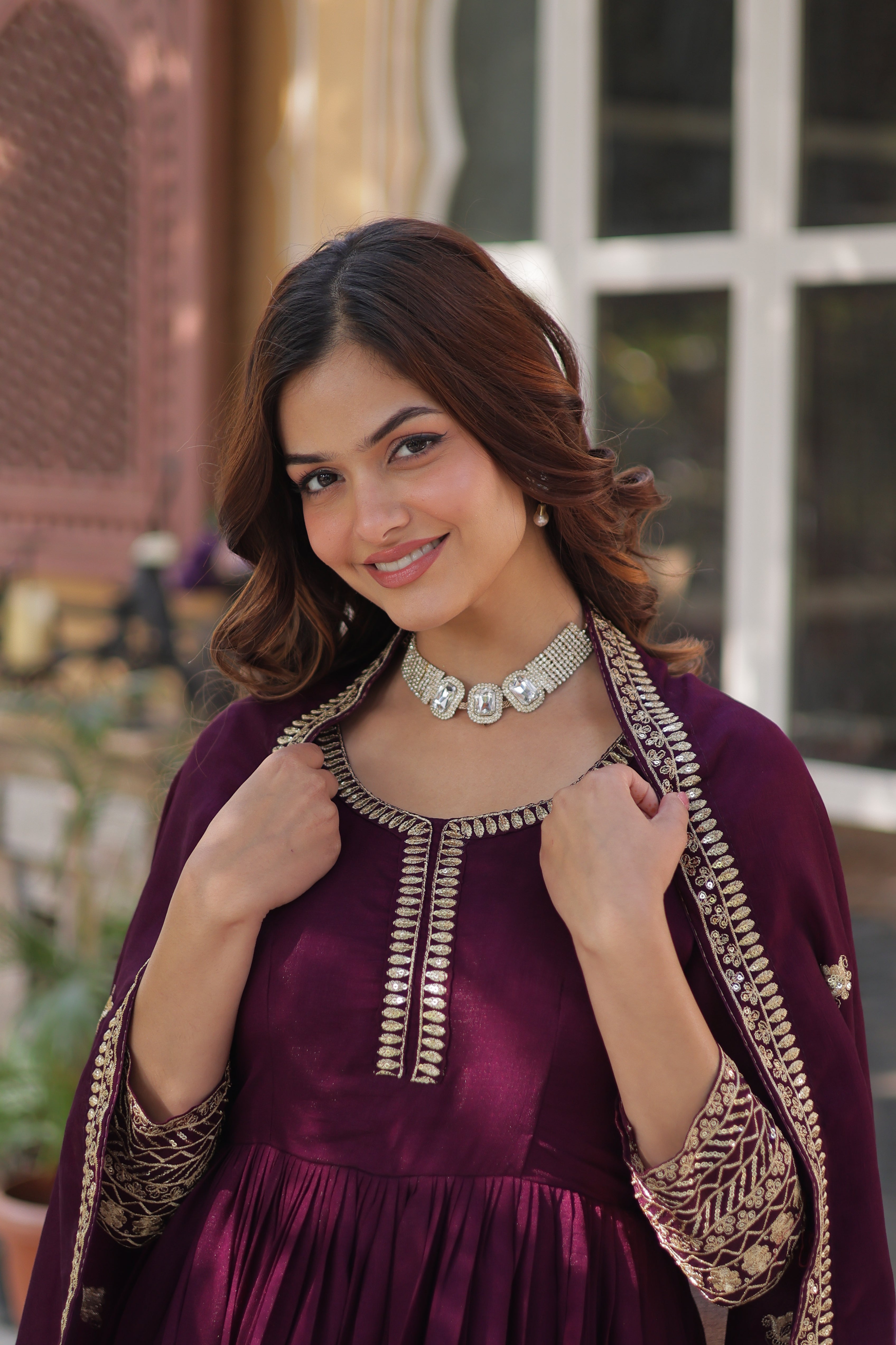 Women’s Wine Silk Gown – Elegant Designer Party Wear