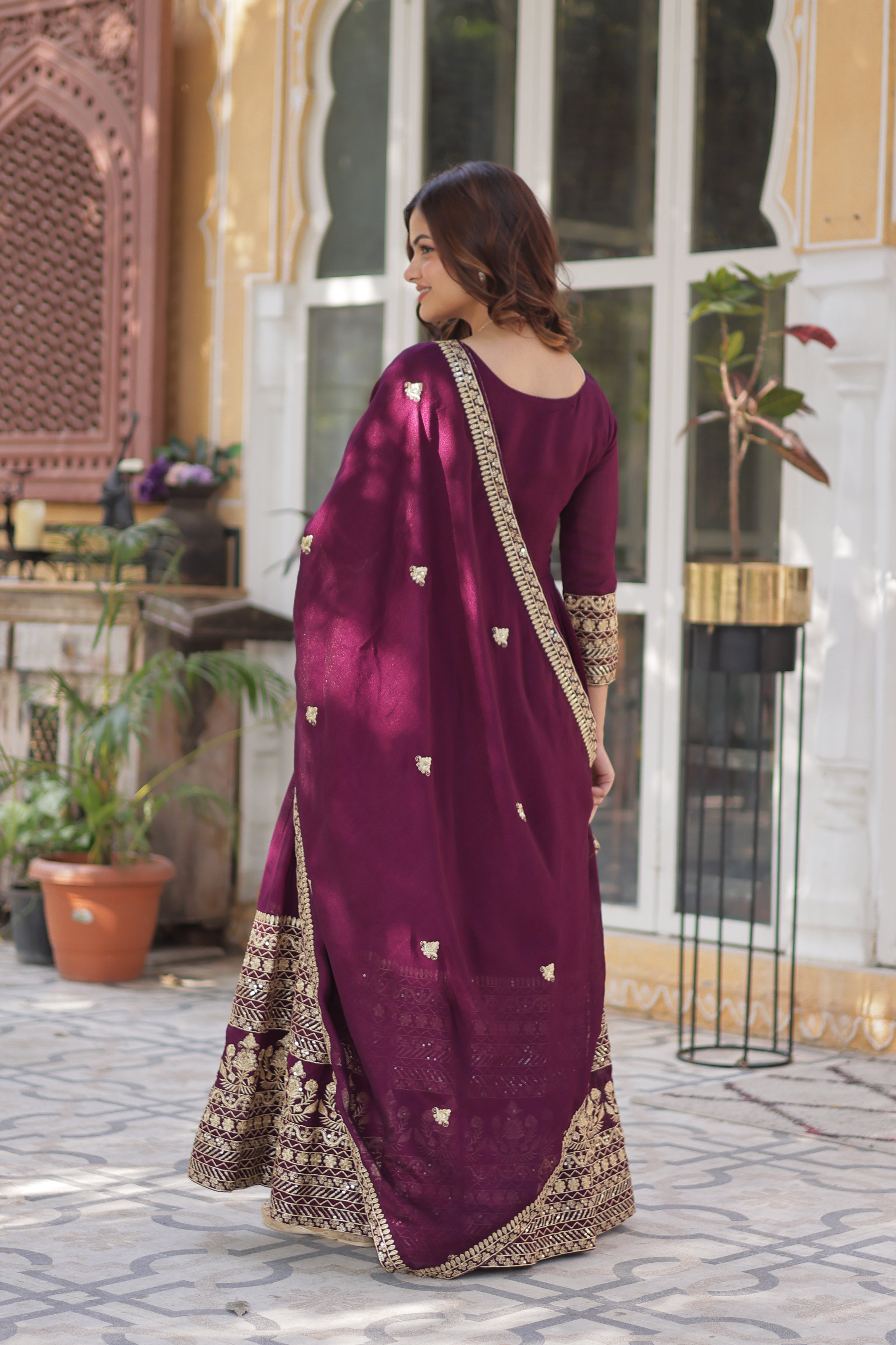 Women’s Wine Silk Gown – Elegant Designer Party Wear