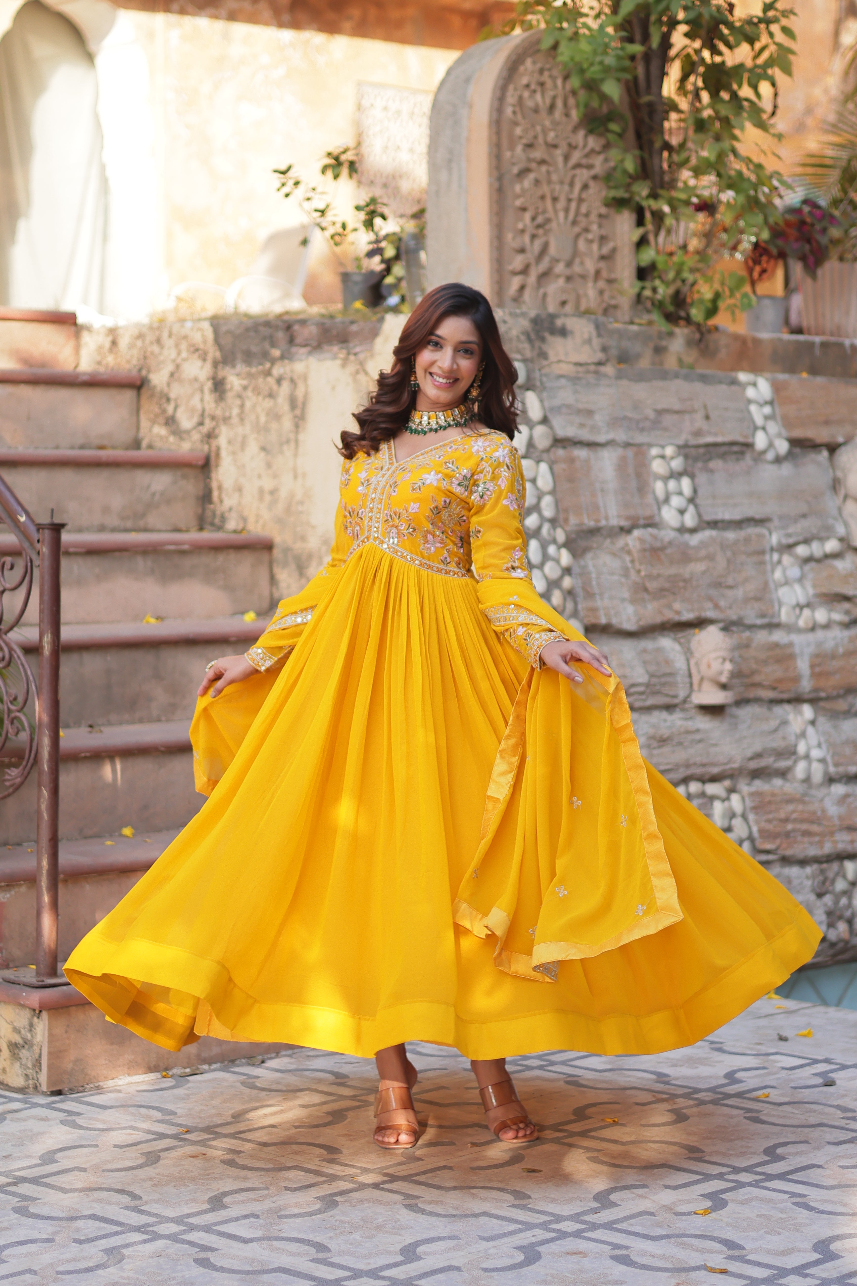 Women’s Yellow Georgette Gown – Elegant Designer Party Wear