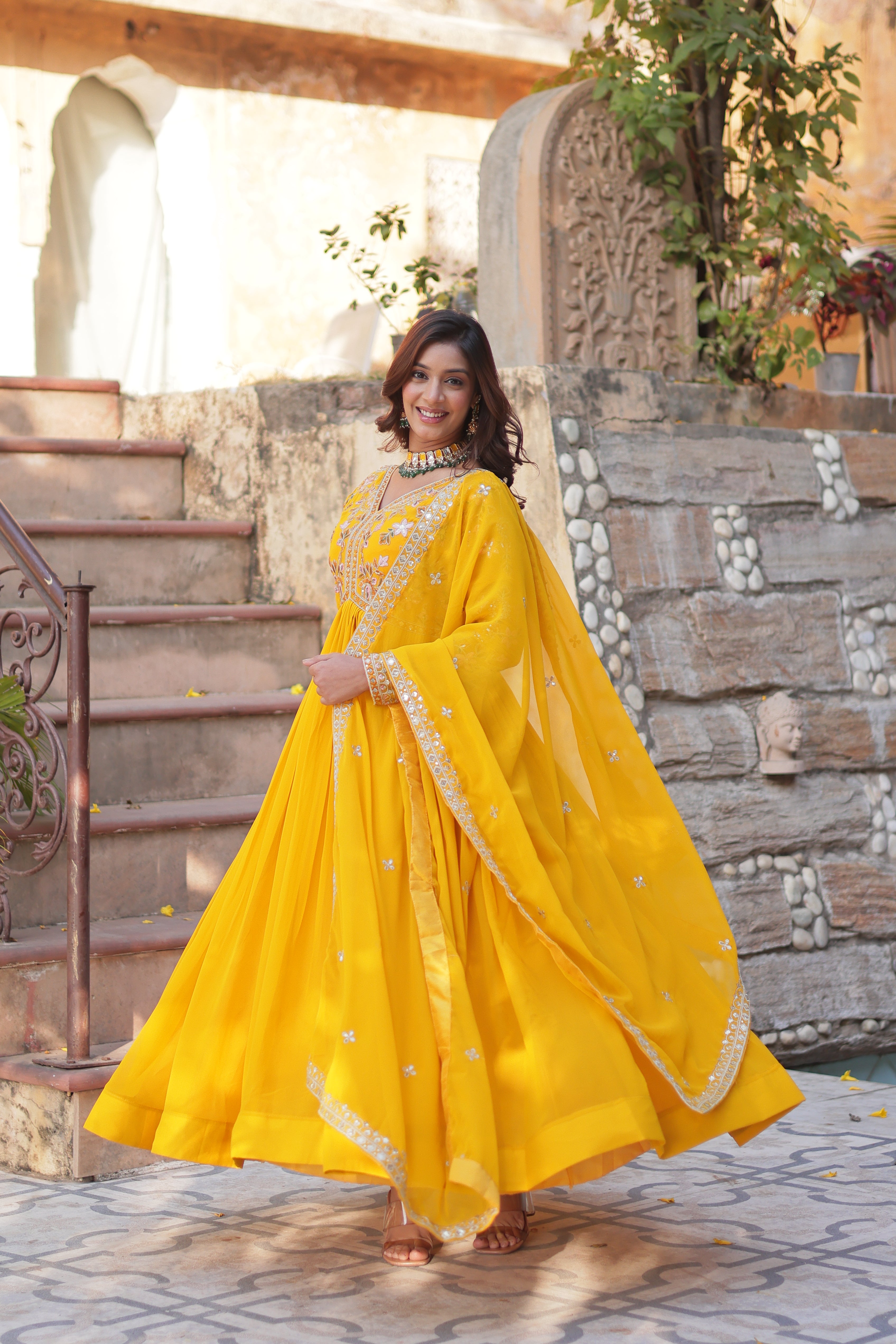 Women’s Yellow Georgette Gown – Elegant Designer Party Wear