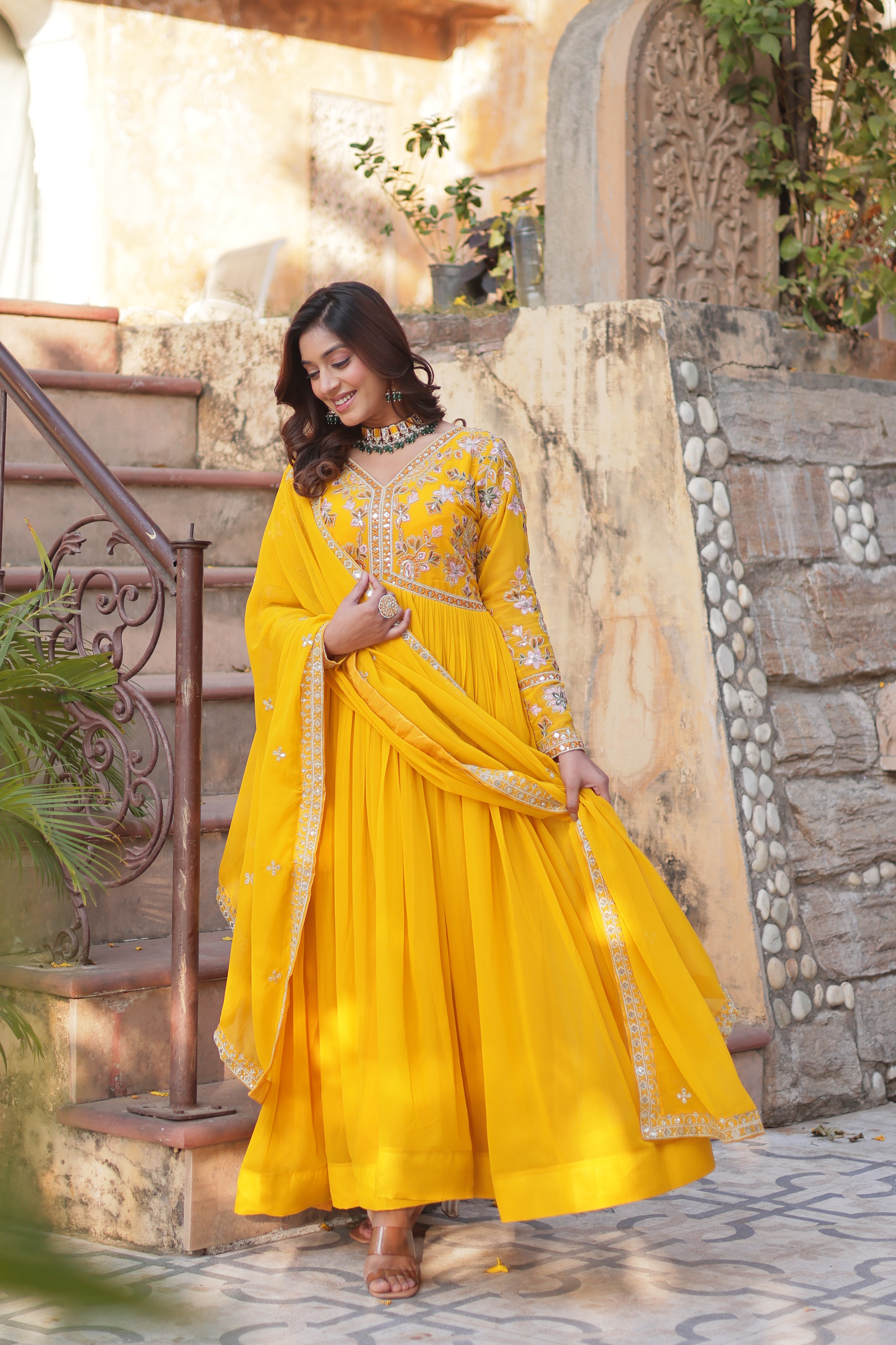 Women’s Yellow Georgette Gown – Elegant Designer Party Wear