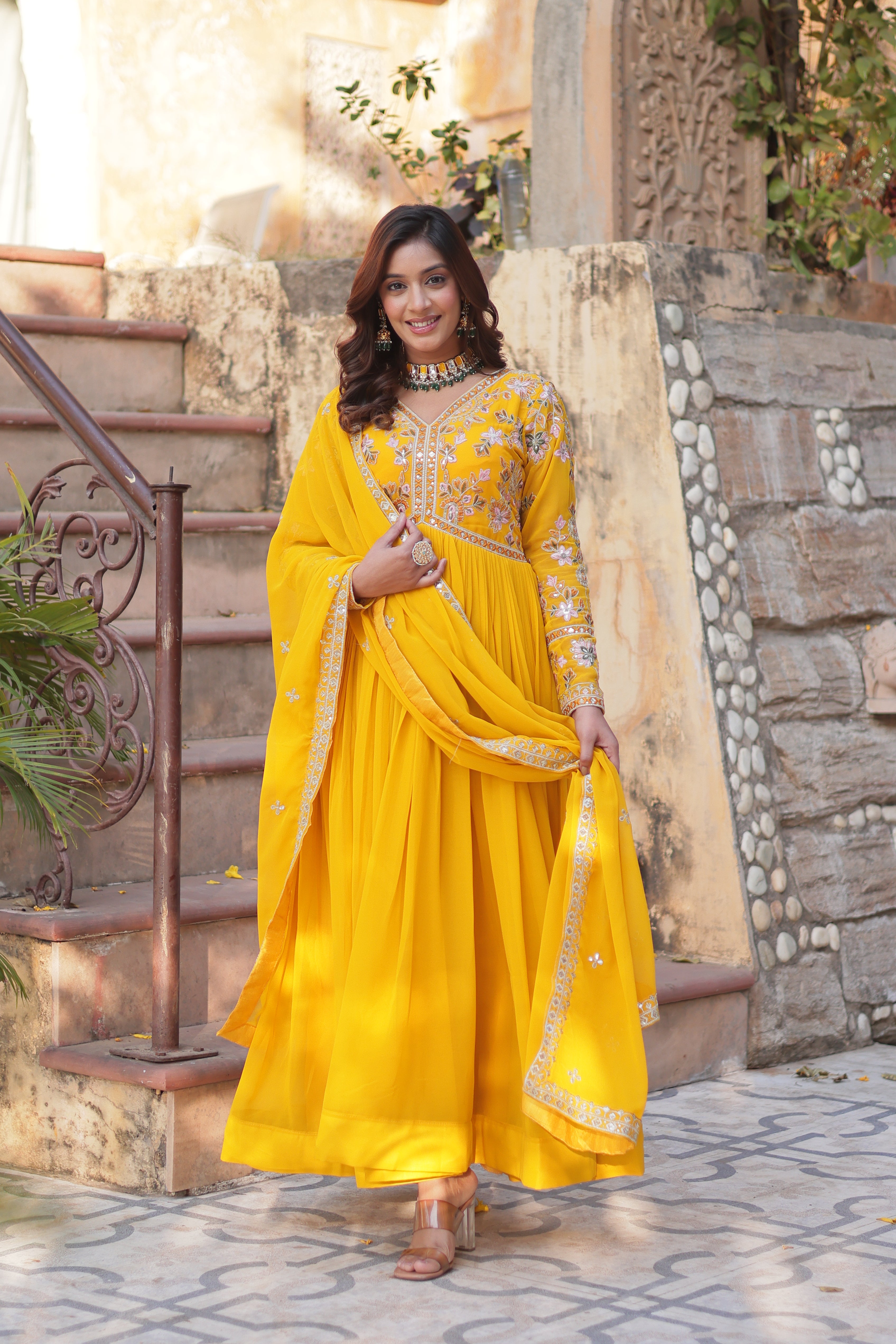 Women’s Yellow Georgette Gown – Elegant Designer Party Wear